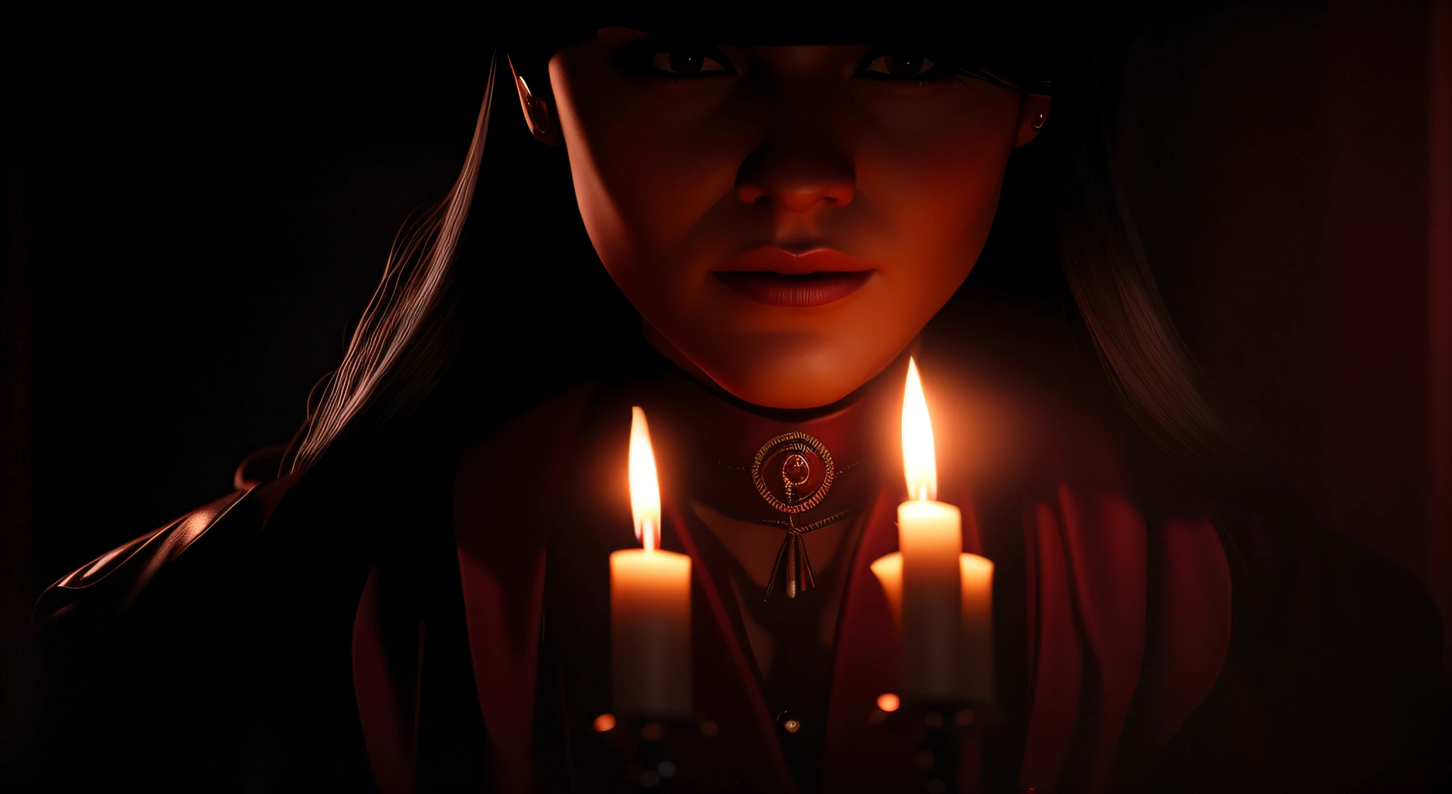 There is a woman who has a candle in her hand, dramatic lighting render, red and cinematic lighting, dark cinematic lighting, Dramatic candlelight, candlelit, Iluminado com velas, arte conceitual escura fotorrealista, realistic face moody lighting, Kramskoi 4 mil, unreal engine render + uma deusa, Hyper-realistic dramatic lighting, cinematic red lighting, unreal engine 5 render dramatic