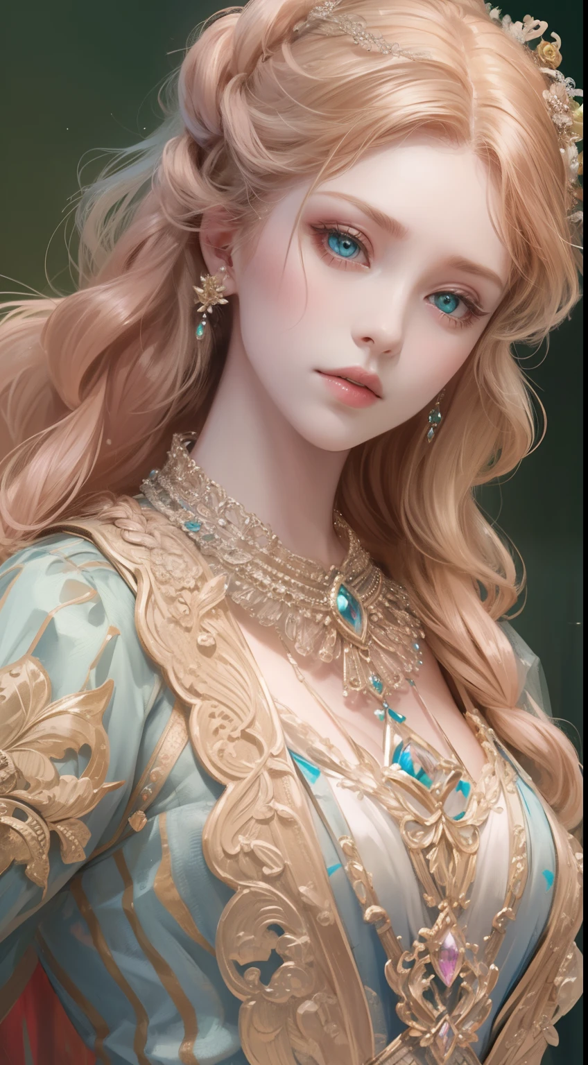 tmasterpiece,Highest high resolution,Beautiful bust of a royal lady,Delicate pink braided hair,Green clear eyes,The hair is covered with beautiful and delicate floral craftsmanship, Crystal jewelry filigree,Ultra-detailed details,upscaled。Soft lighting