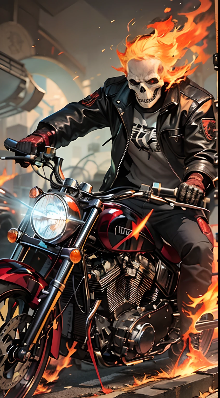 Female version of Ghost Rider， （Ghost Rider），A superhero under the Marvel Comics umbrella，The image is usually a burning human skeleton、Wear leather clothing、Heroes in chains，And get on a flaming motorcycle，Go everywhere against evil enemies。Flames fluttering in the wind，The burning skull speaks of his immense hatred，He gave his soul to hell，Surround your filthy body with poisonous fire and chains，In his fiery eyes，You see your own sinful life，That manic laughter devours your entire soul。Ride a ghostly Harley overnight，Walk between hell and earth，The roar of the motor is accompanied by an angry roar，What remains is a line of fire that attracts light and darkness。Everywhere the motorcycle passes, It will be a mess，There will also be fire marks on the road。Influenced by supernatural forces，The deep flames of hell，Will directly cover the whole body of the Evil Spirit Knight，After the flesh and blood were burned，It took the form of hellfire。If you don't wear clothes，Skeleton and fire do not make the character visible，If you put on clothes，It can show a part of the body under human form，And better than the host body in human form。Hellfire can scorch anything as the Ghost Rider himself wishes，Or something that doesn't harm any evil spirit knights。