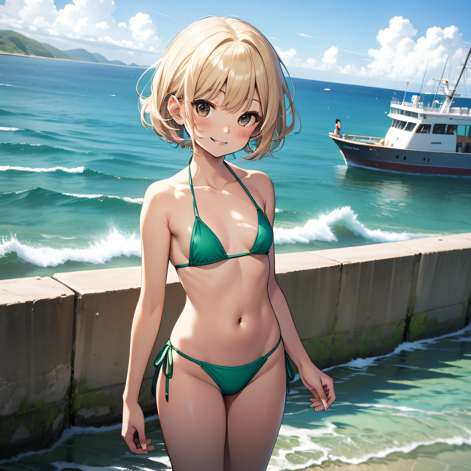 top-quality、extremely delicate and beautiful、Elementary school girls、5th grade elementary school、((Green Micro Bikini))、mesugaki、A smile、a blond、Brown skin、The background is the sea、is standing、short-hair