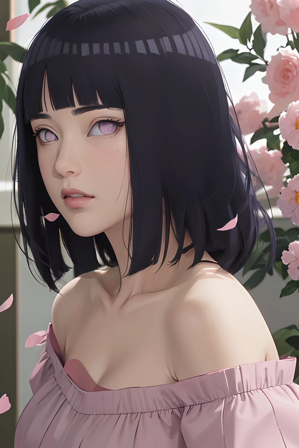 masterpiece, absurdres, hinata\(boruto\), 1girl, solo,mature female, off-shoulder oversized shirt, looking at viewer, (falling petals), perfect composition, detailed lips, big breast, beautiful face, body propotion, blush, (pink lips), long hair,  purple eyes,  soft gaze,  super realistic, detailed, photoshoot, realistic face and body, side view