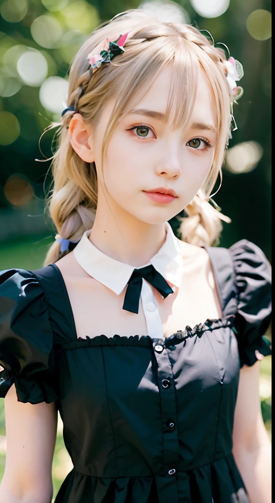 (ultra-detailliert), Cute princess dresses in black color,(frilly dress),(shortsleeves),Blue eyes,The upper part of the body、a closeup、faces、(A smile:1.1),(facing front:1.2), 20yr old, teens girl,no tail,(no tail),2D, masterpiece, top-quality, animesque, A detailed eye, A detailed face, girl with, Only 1 person,Silver-haired medium hair, (a blond), Ear Hair, small tits, Single braid, (Single braid), (Side braid), Pink ribbon, Ribbon around the neck, (White sleeves), Background bokeh