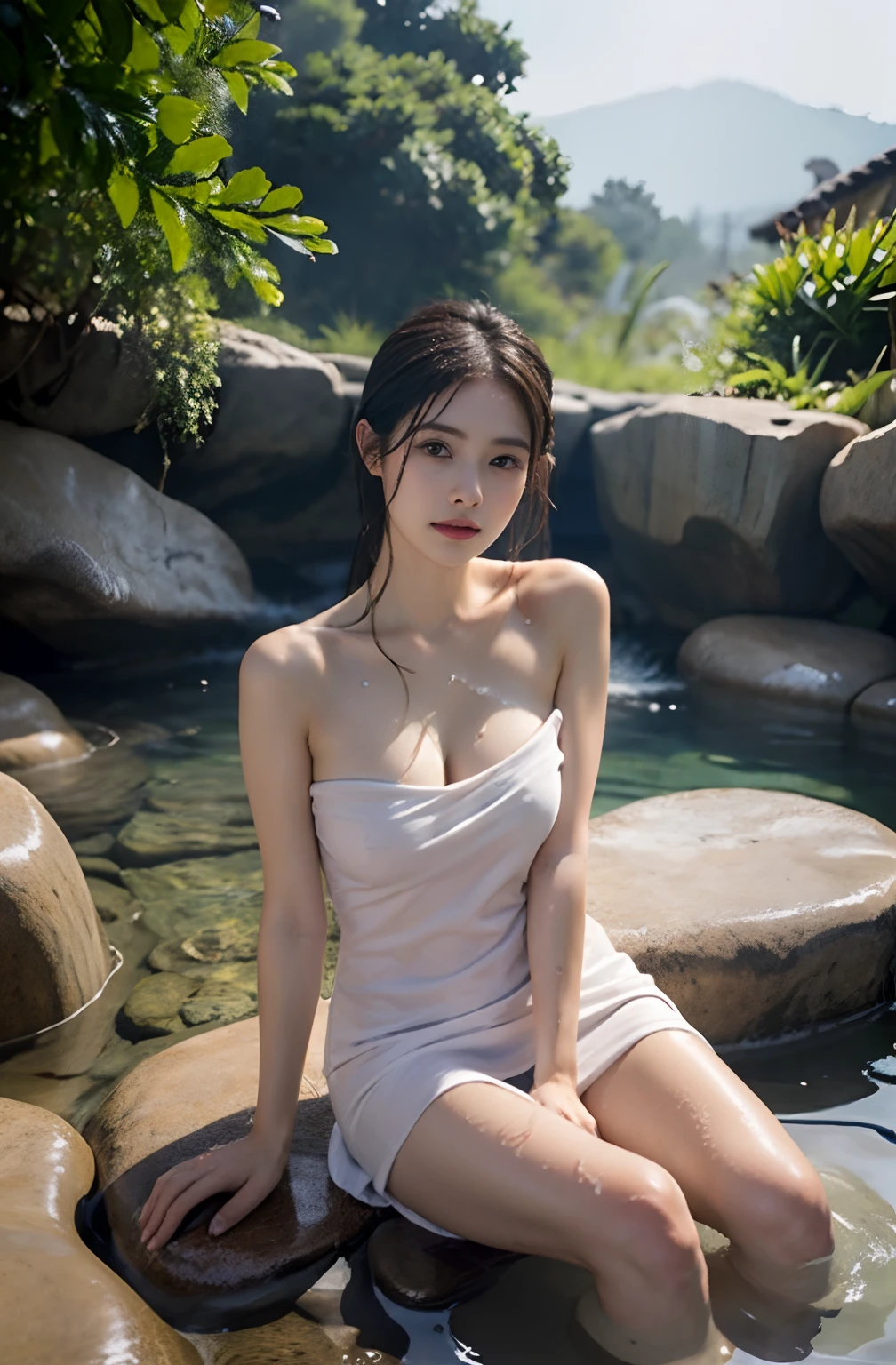 Naked towel, 1girll, Unhappy, a towel,Large cleavage, looking at viewert, 独奏, hot onsen,A dark-haired, whole body Dripping wet,Water droplets are all over the body,moisture, Sat down, Eau, Be red in the face, Parted Lip, ssmile, 鎖骨, upper limbs, Bath, outside of house, boulders, Partially submerged,Wet hair,(wet wear:1.4), exposed bare shoulders,bared legs,(Wet rain,Wet body:1.2)