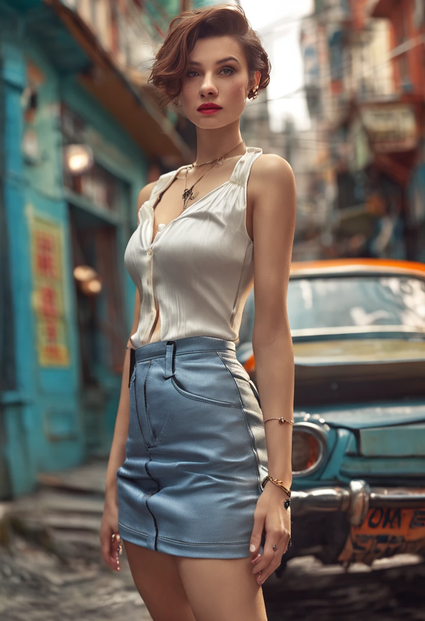 Bigchest,short detailed hair,Wear miniskirts,Sexy beauty with low-cut suspenders