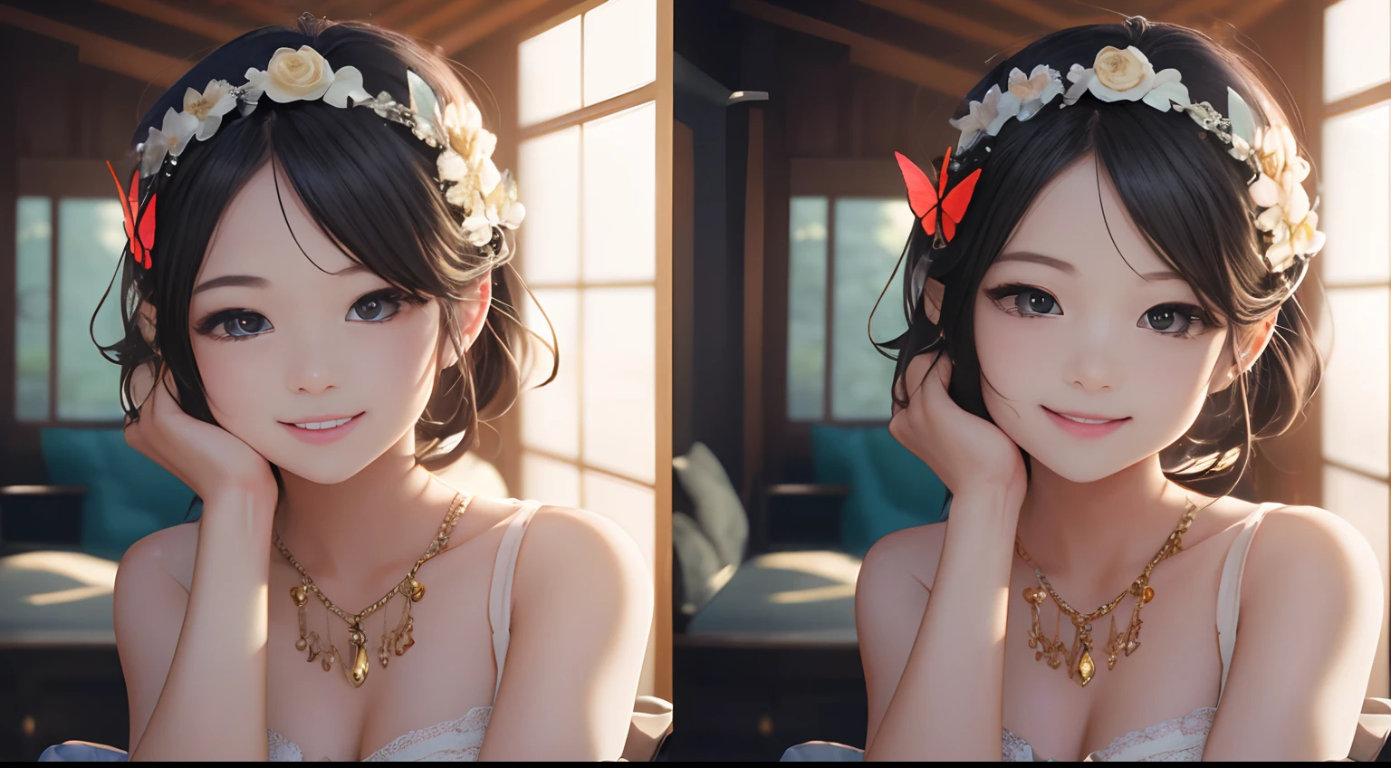 Octane Render、(Hyper-detailing: 1.15)、(Soft light、sharp: 1.2)、morning、Little girl posing on the beach, Full body,Accessories for shoes、（ hair adornments、耳Nipple Ring、Floral hair ornament、butterfly hair ornament）、 Fuji Film, F/4.0, masutepiece, Anatomically correct、A smile, radiant light