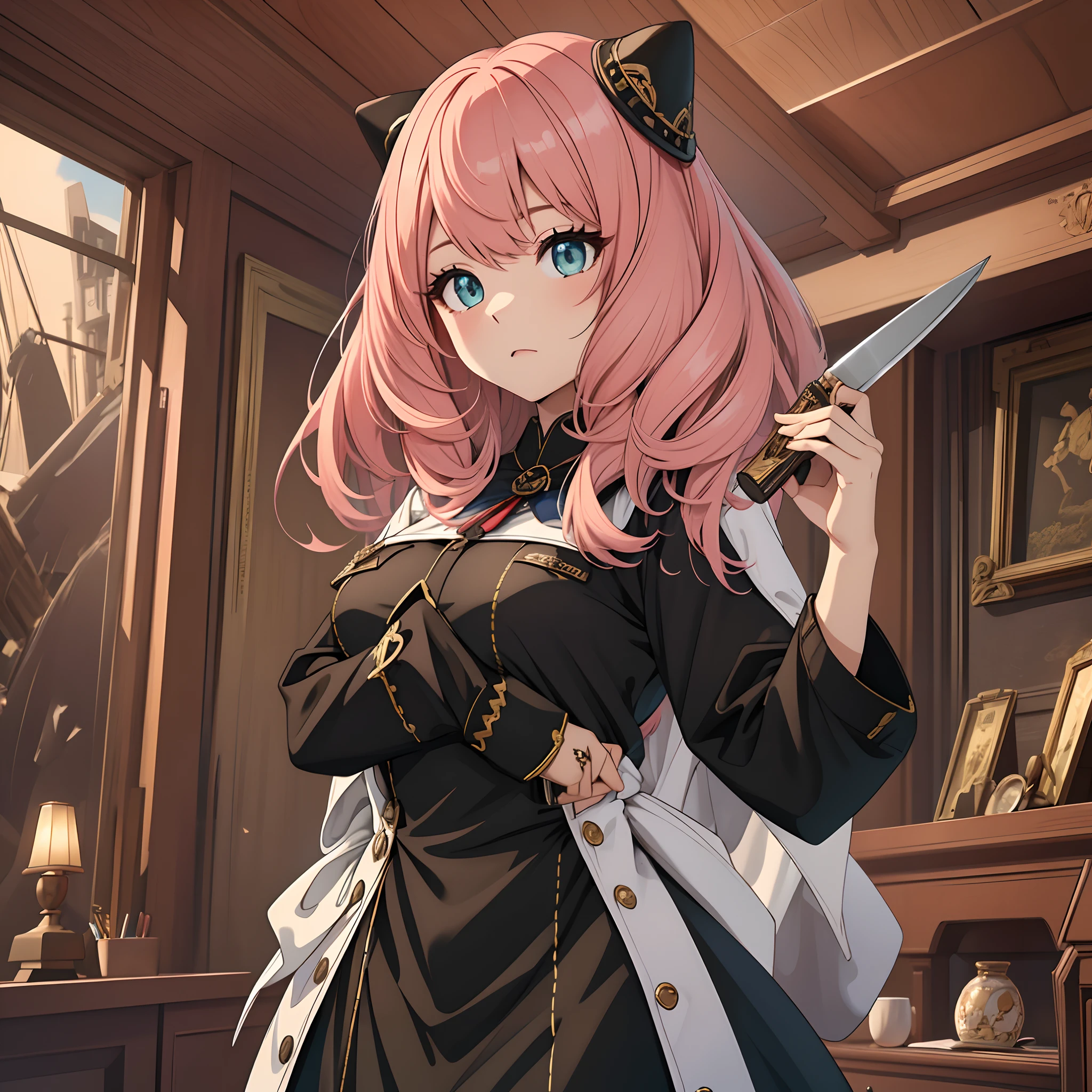 (realisitic), full bodyesbian , (1girl in) , (独奏)) , (Frame your head) , 18year old, is standing , middle hair , A pink-haired, Light smile , (Military Gothic) , (military weaponry) , short knife , natural make up , ​masterpiece, beautiful countenance, Beautuful Women, beautidful eyes, a very cute, Princess eyes, 8k , stage , with light glowing, Human hand, elegent, Dynamic, ighly detailed, Smooth and detailed hairstyle