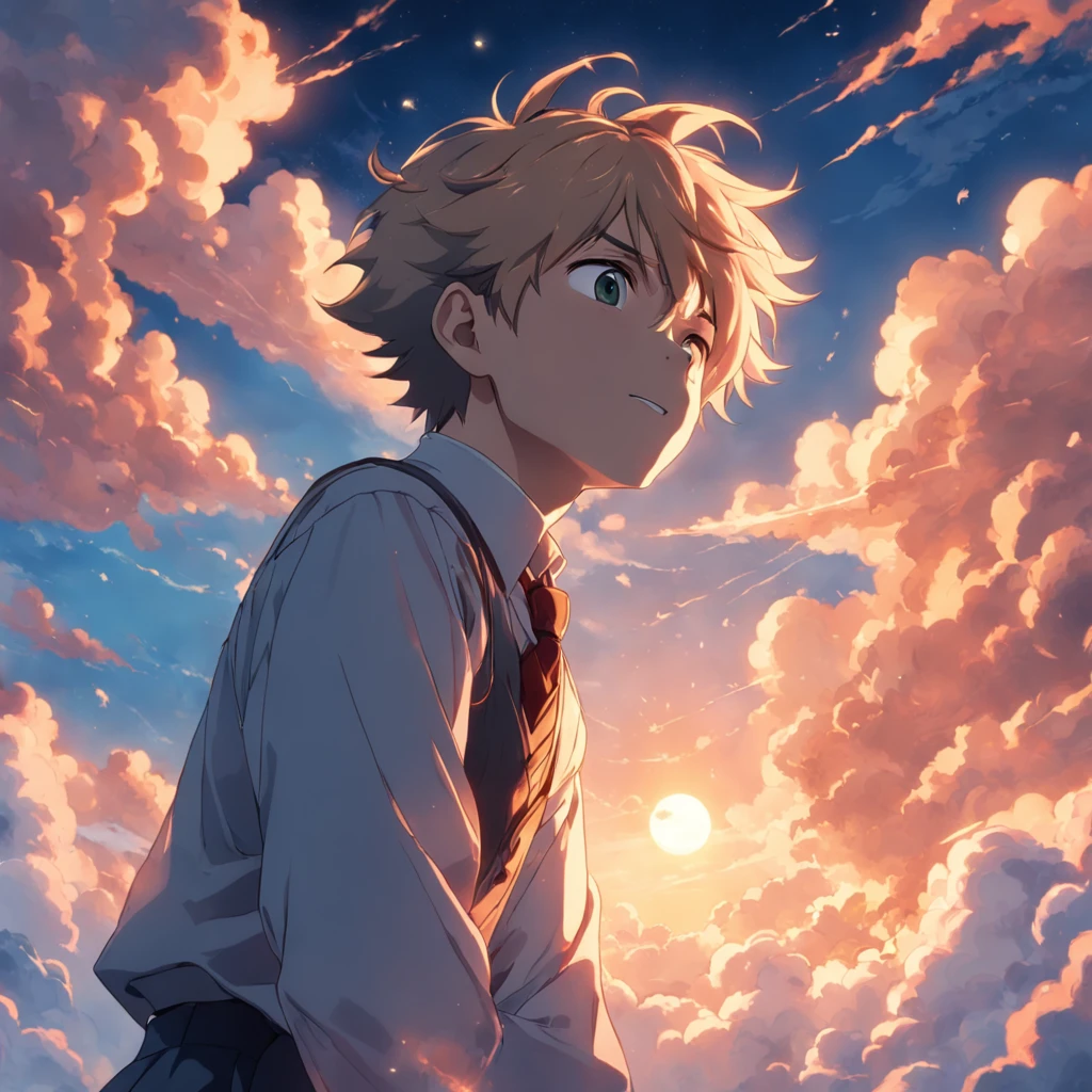 masterpiece, best quality, movie still, 1man waering school uniform, cloud man, floating in the sky, close-up, bright, happy, warm soft lighting, sunset, (sparks:0.7)