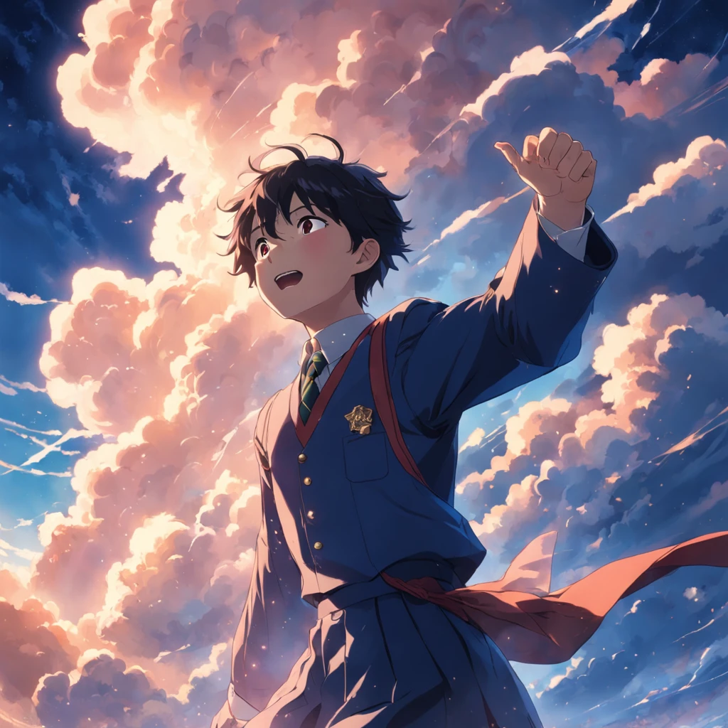 masterpiece, best quality, movie still, 1man waering school uniform, cloud man, floating in the sky, close-up, bright, happy, warm soft lighting, sunset, (sparks:0.7)
