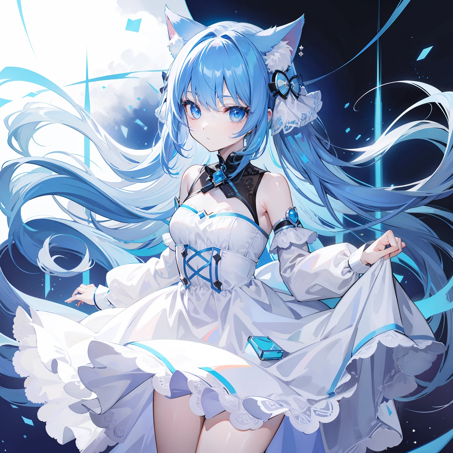 Detector feminization,whaite hair,blue color eyes,white dresses,cat ear