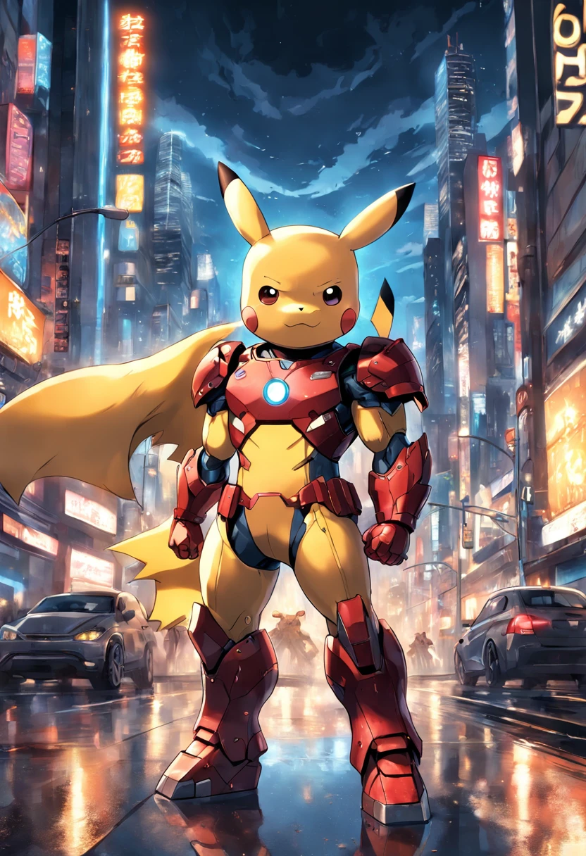a highly detailed illustration of Pikachu wearing the iconic Iron Man armor, qualidade excepcional, dinamic pose, mischievous expression, urban night scenery, lighting dramatic, estilo de desenho hiper-realista