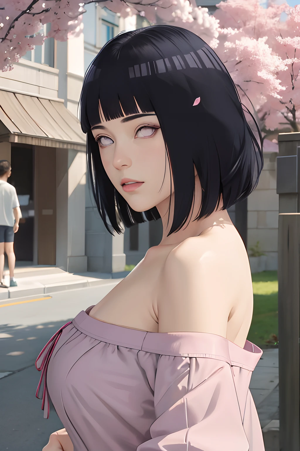masterpiece, absurdres, hinata\(boruto\), 1girl, solo,mature female, off-shoulder oversized shirt, looking at viewer, (falling petals), perfect composition, detailed lips, big breast, beautiful face, body propotion, blush, (pink lips), long hair, purple eyes, soft gaze, super realistic, detailed, photoshoot, realistic face and body, side view