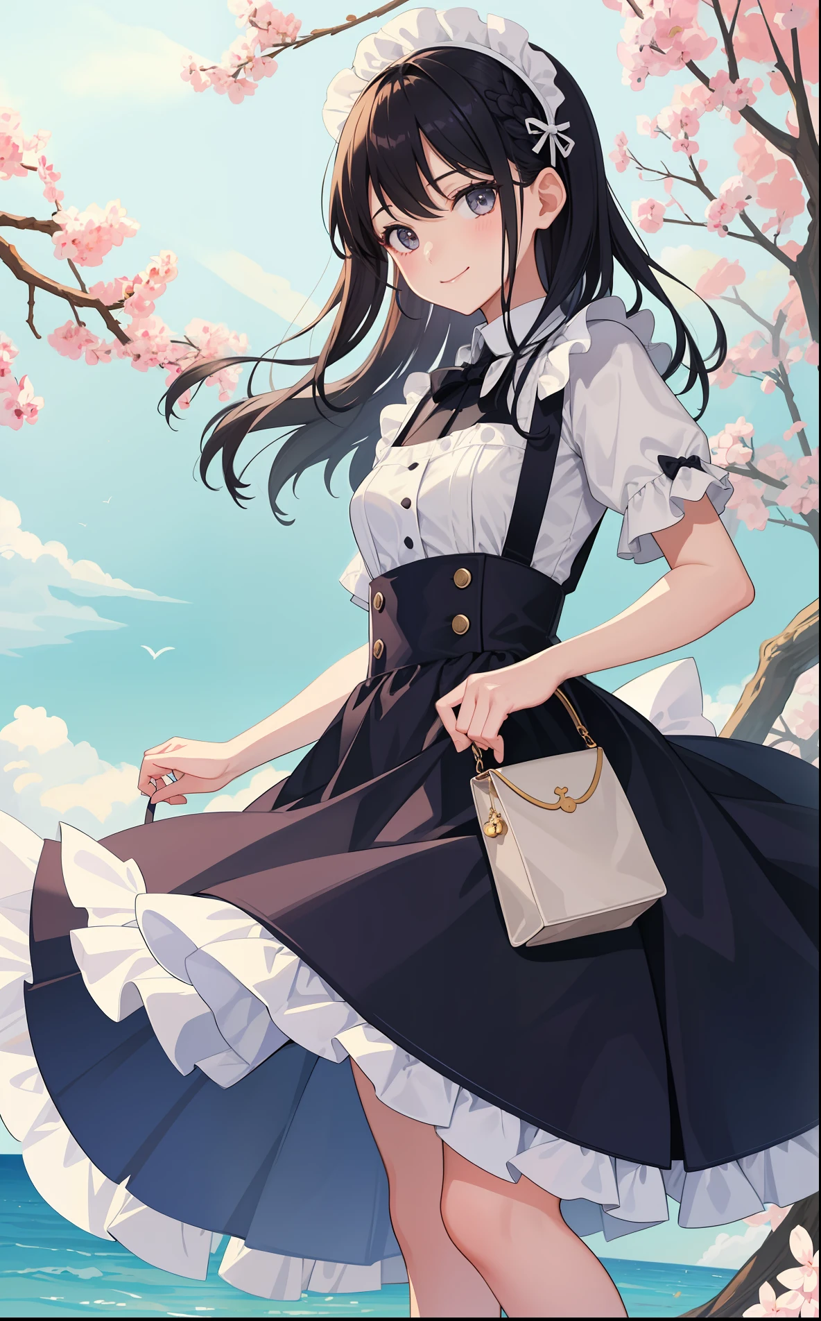 1girl in、AS-Adult、A smile、A delightful!　The shirt、skirt by the、（small tits）pinafore、doress、hair adornments、（Maids）、Spring breeze、