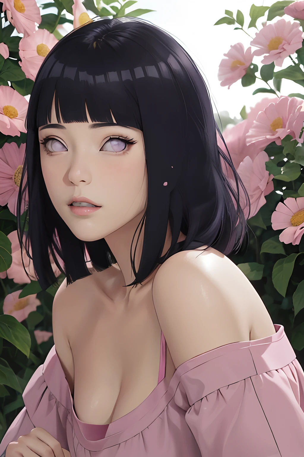 masterpiece, absurdres, hinata\(boruto\), 1girl, solo,mature female, off-shoulder oversized shirt, looking at viewer, (falling petals), perfect composition, detailed lips, big breast, beautiful face, body propotion, blush, (pink lips), long hair,  purple eyes,  soft gaze,  super realistic, detailed, photoshoot, realistic face and body, side view