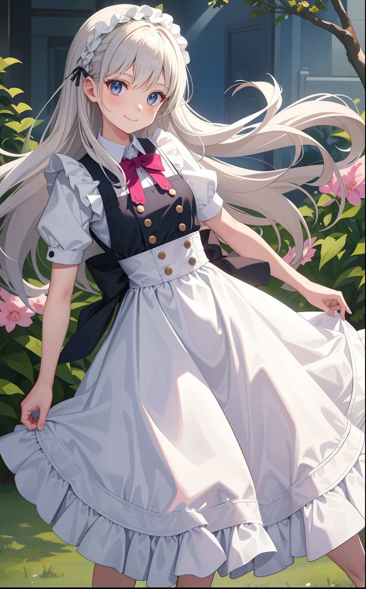 1girl in、AS-Adult、A smile、A delightful! The shirt、skirt by the、(small tits)pinafore、doress、hair adornments、(Maids)、Spring breeze、