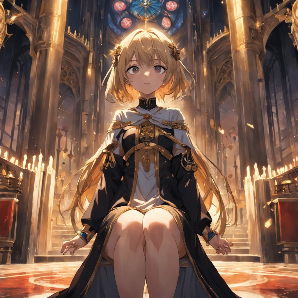 1 girl, priestess, full body, blonde hair, closed eyes, opened mouth, bloom, particle, god ray, glow effect, pain, moaning, tottering, exhaustion, arms is hanging down