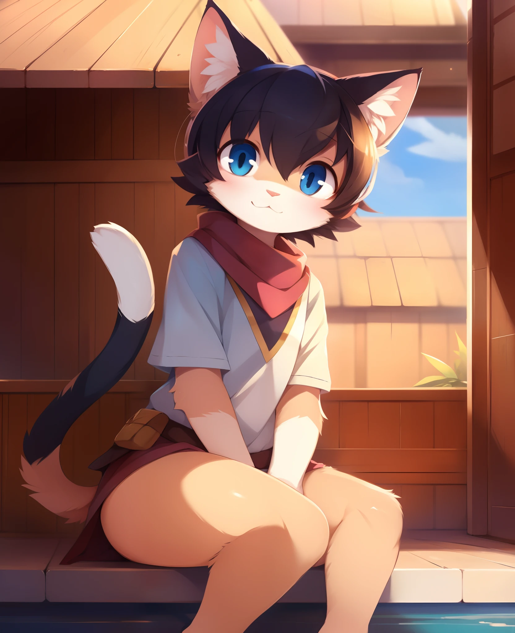 furry, solo, Morgana, cat, BREAK,character portrait, (female:1.4), (anthro:1.2), felyne, felid, thin, hi res, soft shading, detailed eyes, beautiful eyes, detailed face, good anatomy, 1tail, tail, cinematic lighting, by woolrool, crayon \(artist\), buta99, detailed background, outdoors, blue eyes,, [by dagasi|ancesra:0.5], (by einshelm|by tom_fischbach)]