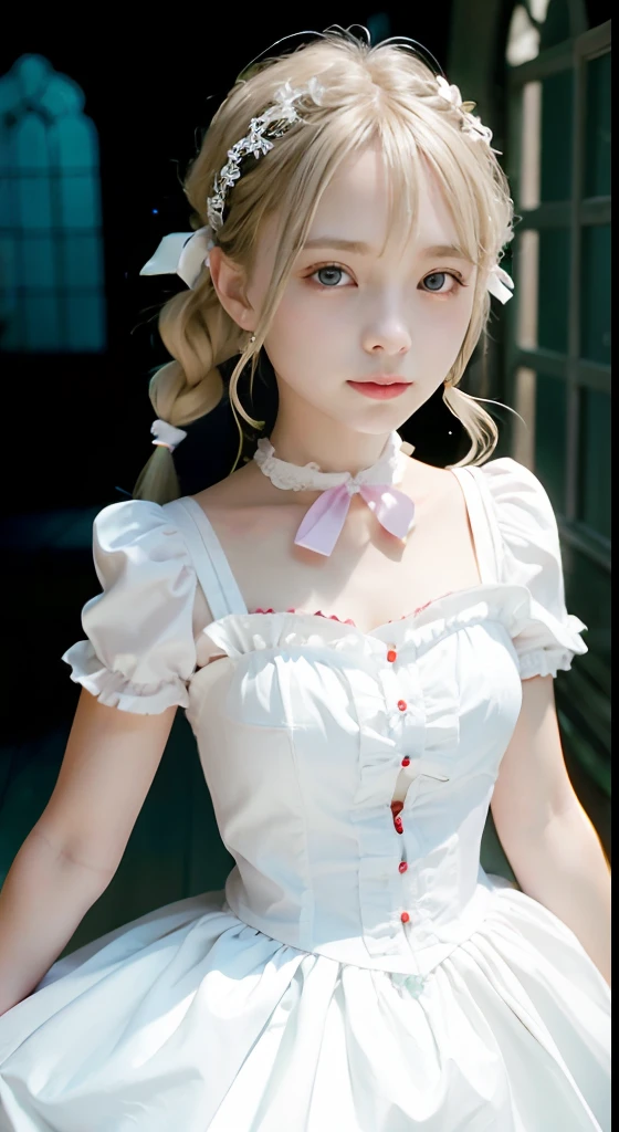 (masutepiece, Best Quality:1.2), 8K, 85 mm, Official art, Raw photo, absurderes, Platinum Blonde Hair, (Blue eyes, Lolita Fashion, sweetlolita, Gothic, Dress:1.2), Idol face, Upper body, Beautiful Girl, gardeniass, Copenhagen, Short sleeve, Elegance, Sophisticated, gardenia, Looking at Viewer, Film grain, chromatic abberation, Sharp Focus, face lights, Dynamic lighting, Cinematic lighting,(( red blush、embarassed expression, Look down in embarrassment:1.2))、(((tucking up the skirt、White panties are visible)))、