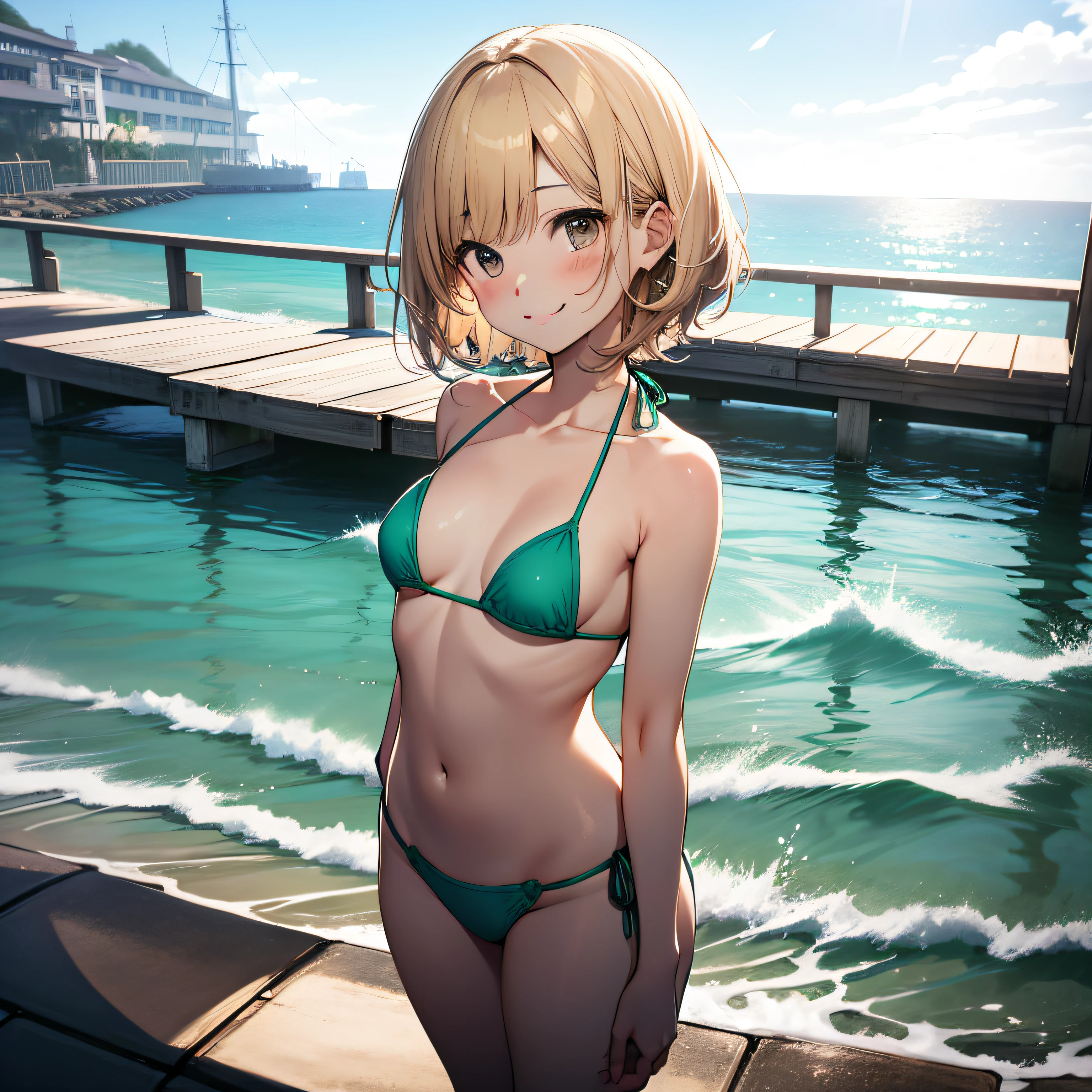 top-quality、extremely delicate and beautiful、Elementary school girls、5th grade elementary school、（（Green Micro Bikini））、mesugaki、A smile、a blond、Brown skin、The background is the sea、is standing、short-hair