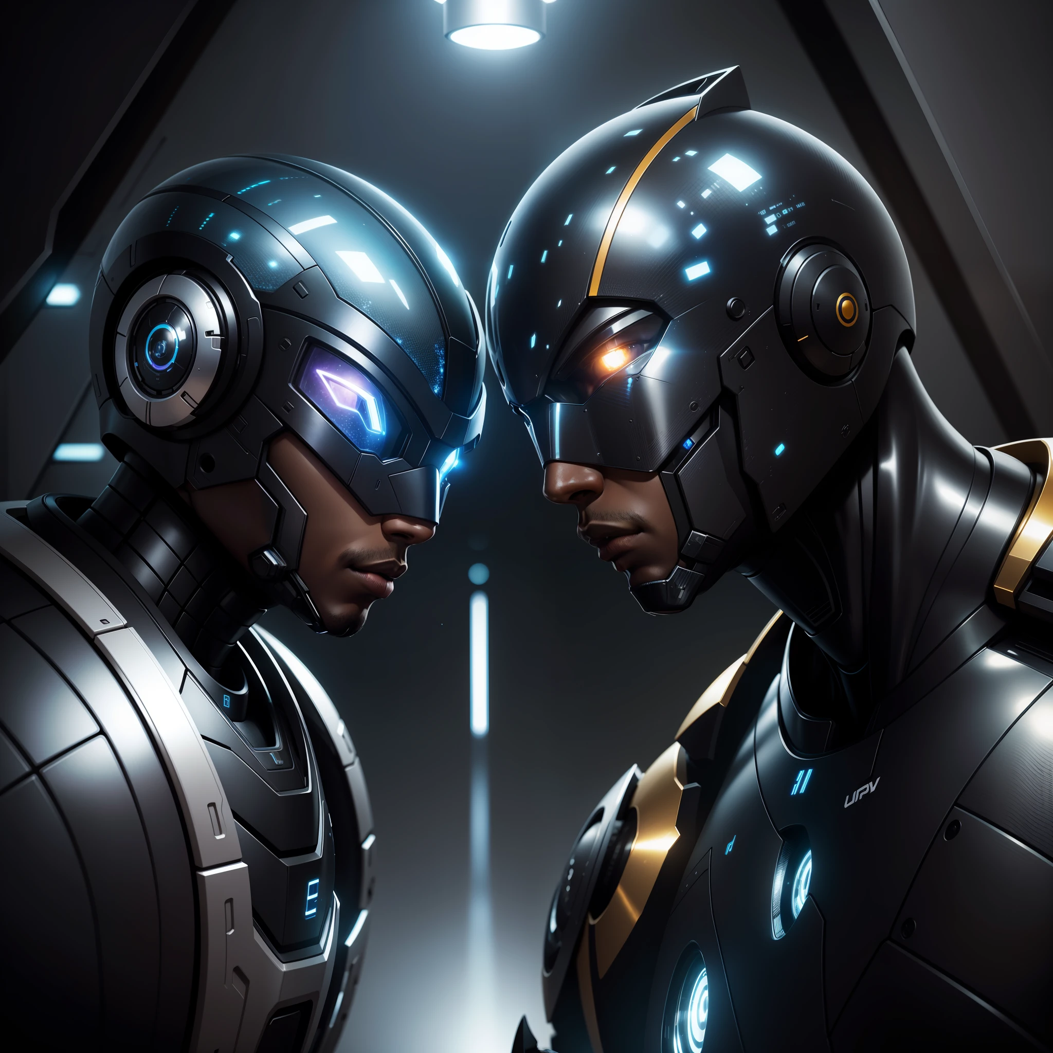 Black man and black mercury robot staring at each other, with iridescent light, highly detailed images, vibrant beautiful colours, photorealistic image, 8k, ultra HD, unreal engine rendered, cinematic lighting, artgerm style,