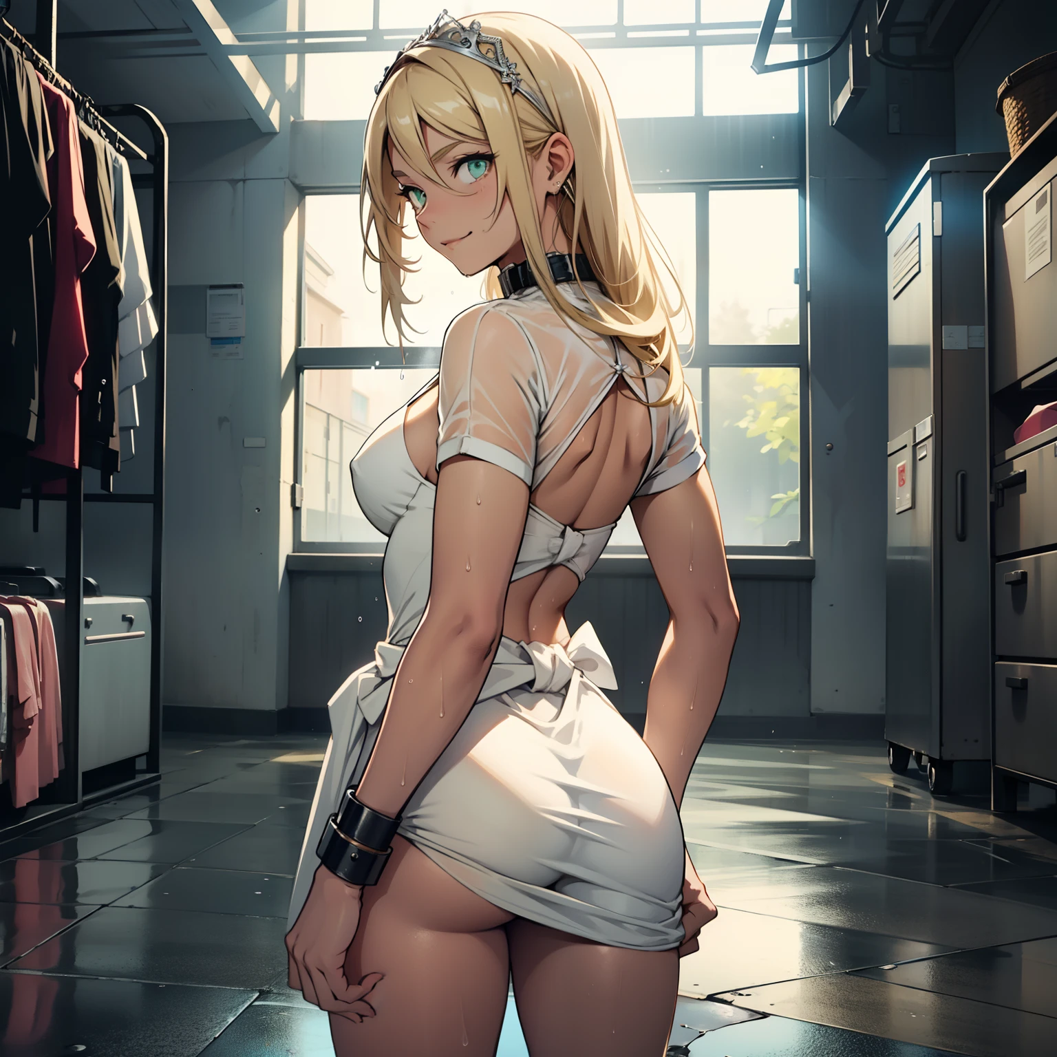 girl with,Standing backwards,Pose with your legs spread,Your butt is facing you,Looking back,Feminine body,Sexy underwear wearing,White sexy prom dresses,wearing a thin veil on the head,,,Wearing a collar,put large handcuffs on the waist,a blond,The long-haired,Do not tie hair,Green eyes,breasts are small,Shy look,Wet,Puddles on the floor,Wearing sweat,ssmile,The floor is wet,the chest is not very bulging
