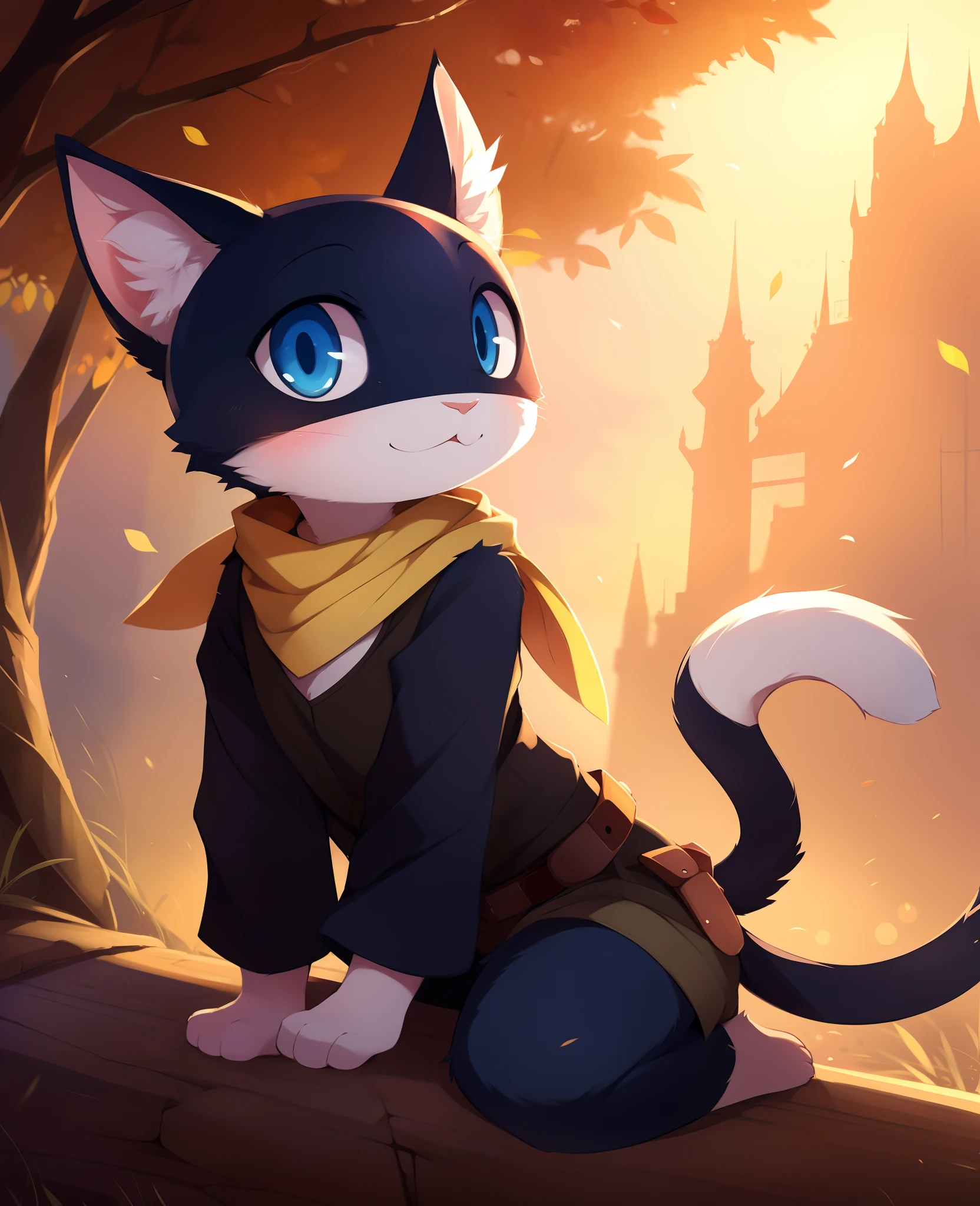 furry, solo, Morgana, cat, BREAK,character portrait, (female:1.4), (anthro:1.2), felyne, felid, thin, hi res, soft shading, detailed eyes, beautiful eyes, detailed face, good anatomy, 1tail, tail, cinematic lighting, by woolrool, crayon \(artist\), buta99, detailed background, outdoors, blue eyes,, [by dagasi|ancesra:0.5], (by einshelm|by tom_fischbach)]