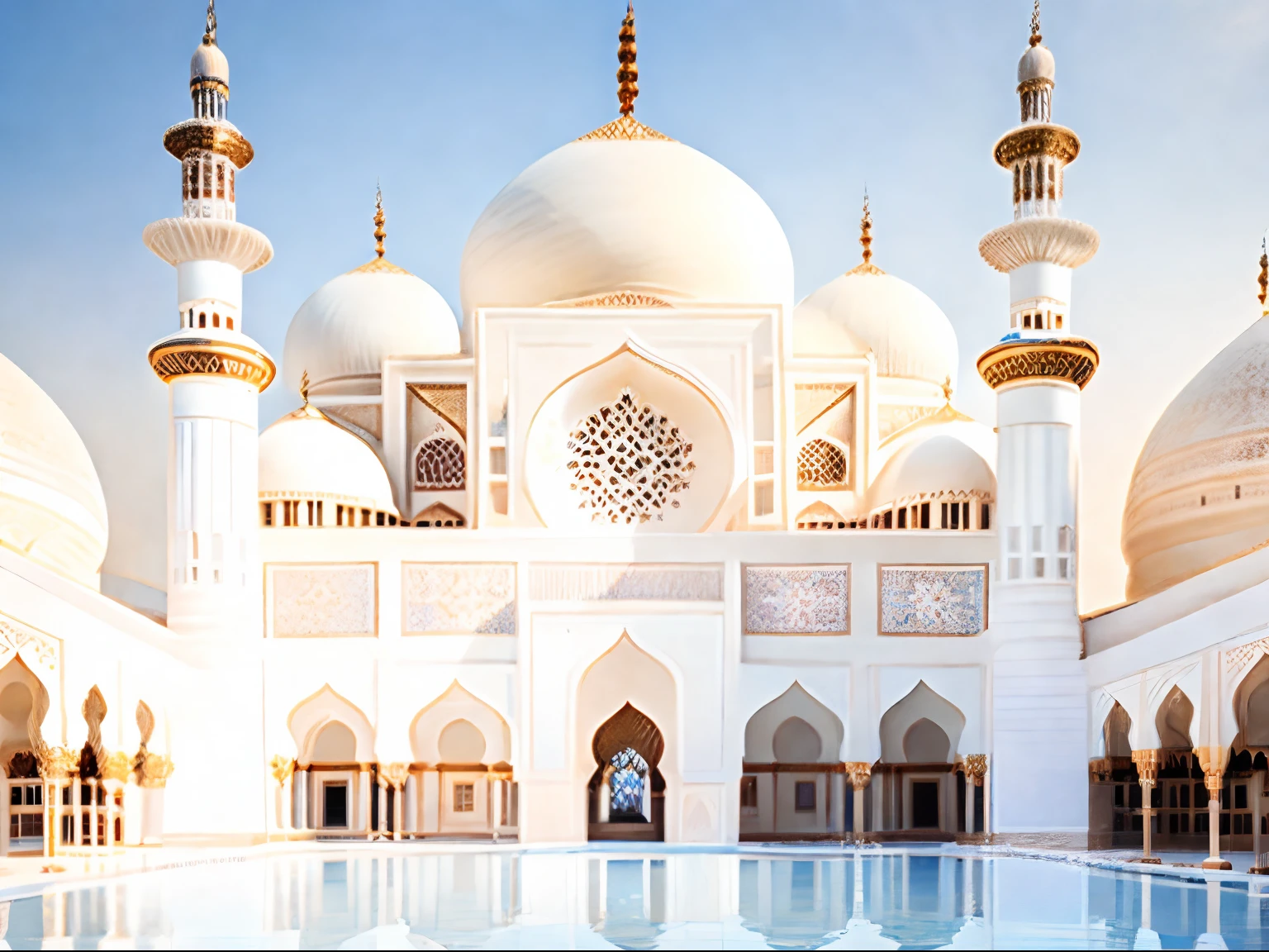 A well-known view of a large white building with lots of windows, Islamic architecture, Arabic architecture, With beautiful mosques, Stunning picture, Mosque, beautiful portrait, Highly decorative, Inspiring, Persian-style architecture, With domes and great arches, Beautifully symmetrical, A beautiful, Beautiful architecture, Very decorative, islamic, Moroccan Mosque, Properly detailed