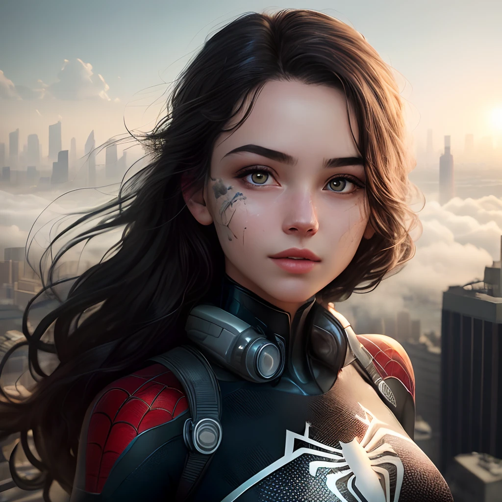 (1girl:1.3), Solo, (((Very detailed face)))), ((Very detailed eyes and face)))), Beautiful detail eyes, Body parts__, Official art, Unified 8k wallpaper, Super detailed, beautiful and beautiful, beautiful, masterpiece, best quality, original, masterpiece, super fine photo, best quality, super high resolution, realistic realism, sunlight, full body portrait, amazing beauty, dynamic pose, delicate face, vibrant eyes, (from the front), She wears Spider-Man suit, red and black color scheme, spider, very detailed city roof background, rooftop, overlooking the city, detailed face, detailed complex busy background, messy, gorgeous, milky white, highly detailed skin, realistic skin details, visible pores, clear focus, volumetric fog, 8k uhd, DSLR, high quality, film grain, fair skin, photo realism, lomography, futuristic dystopian megalopolis, translucent