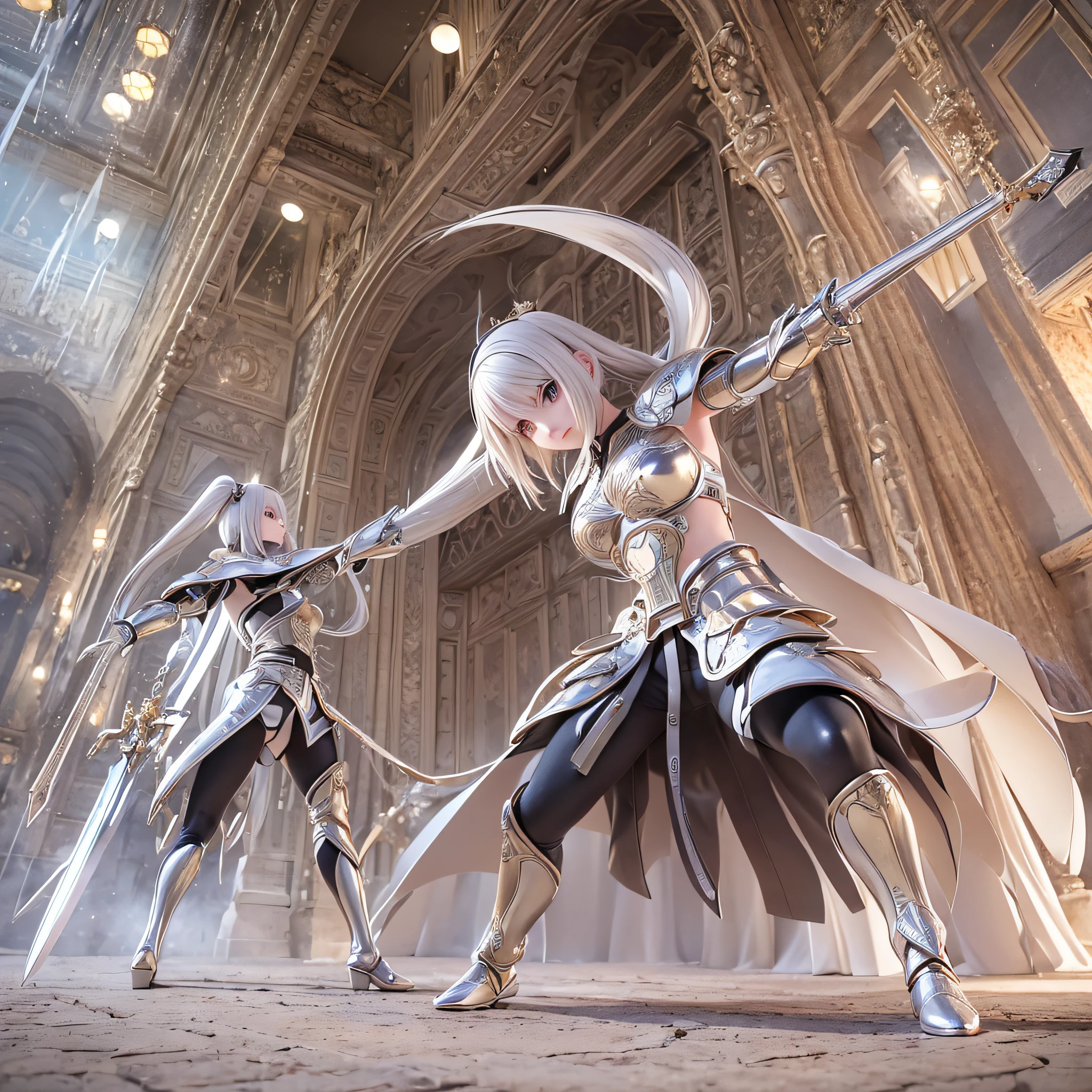 best quality, masterpiece, 1 girl alone, long silver hair, yellow eyes, clothes medieval style, skimpy clothes with leather shorts and white shirt, looking up, full body ,Fair skin, side braids, short sword in hand, Swedish / European face, dynamic battle pose