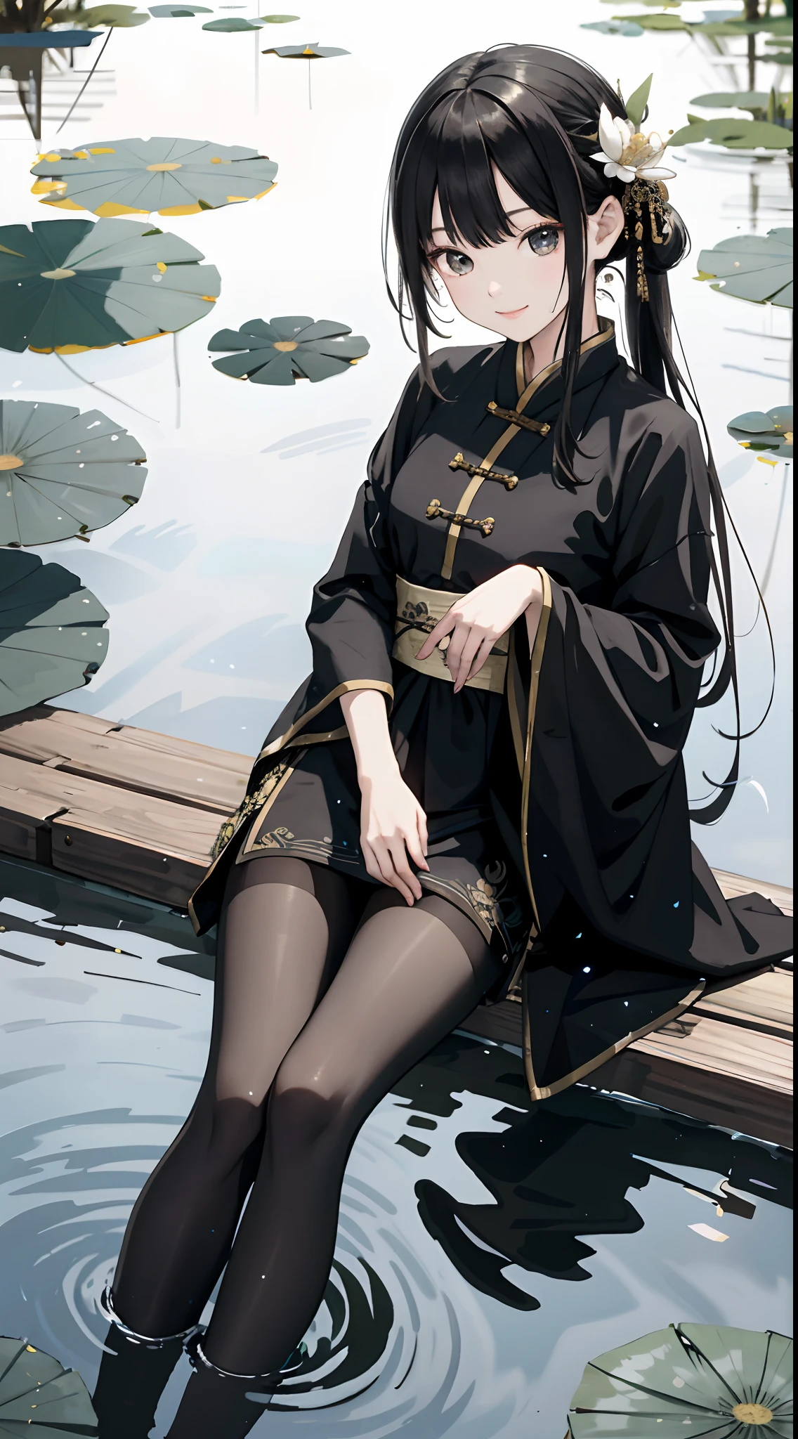 hoang lap，8K high resolution，ultra - detailed，（1girll：1.3），handpainted，Simple lines，16-year-old girl wearing black Chinese clothing，beuaty girl，In the lotus pond，tmasterpiece，Sit on a plank floating in the water，Floating hair，black pantyhoses，black pantyhoses，looking toward the viewer，ssmile，posed for photo，