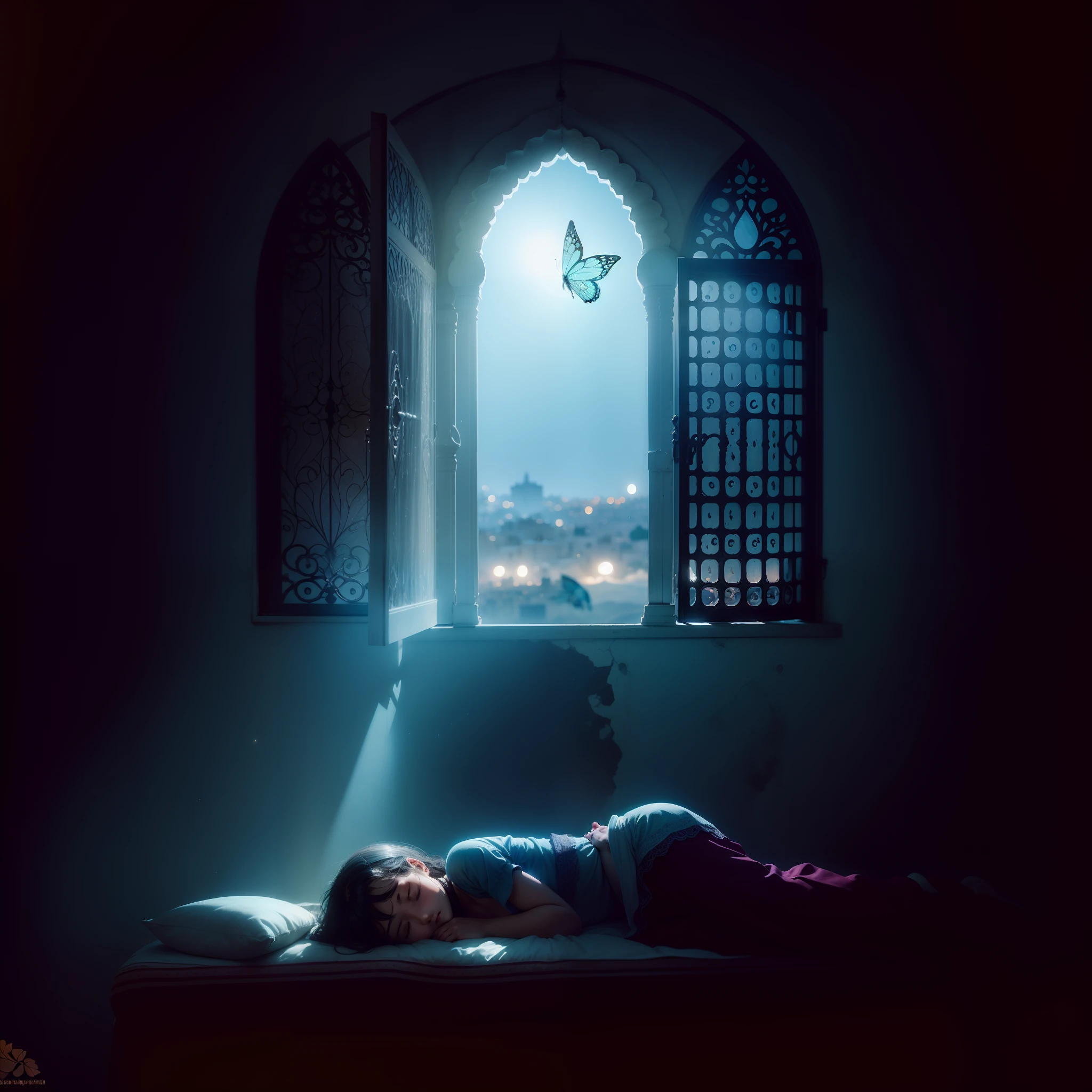 A girl sleeping next to a Moroccan window through which a ray of moonlight enters and a butterfly shines in the dark