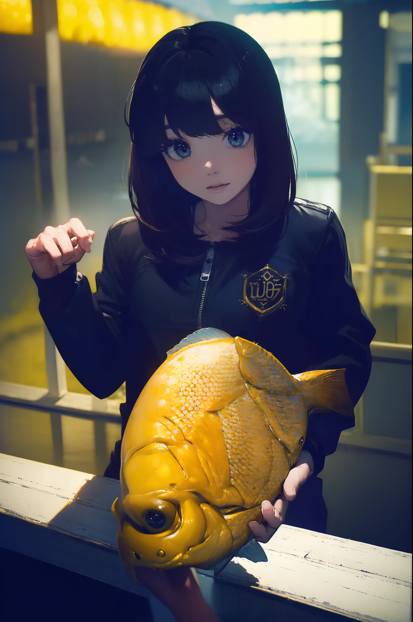 ((((Catching a big fish by the lakeside:1.5)))),((Female 28 years old)),((Best Quality:1.5)),(((Hands with the correct number and structure of fingers:1.4))),((Big fish:1.37)),hight resolution,ultra-detailliert,masterpiece,best qualtiy,(Eight-headed body),Black hair, long eyes-lashes, Solid Circle Eyes, drop shadow, Atmospheric perspective,Super Detail, ccurate, small brest,(Black jacket and black jeans :1.1),top-quality, blurry backround, bokeh dof:1.2, (masterpiece:1.3), Atmospheric perspective,Super Detail,dynamic compositions,