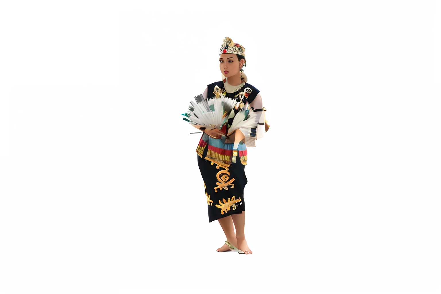 araffe dressed in native american clothing on the beach, wearing authentic attire, traditional dress, wearing an elegant tribal outfit, she is dressed in shaman clothes, tribal clothing, traditional clothing, sukhothai costume, traditional beauty, wearing traditional garb, sarong, traditional costume, traditional clothes, inspired by I Ketut Soki, a young female shaman