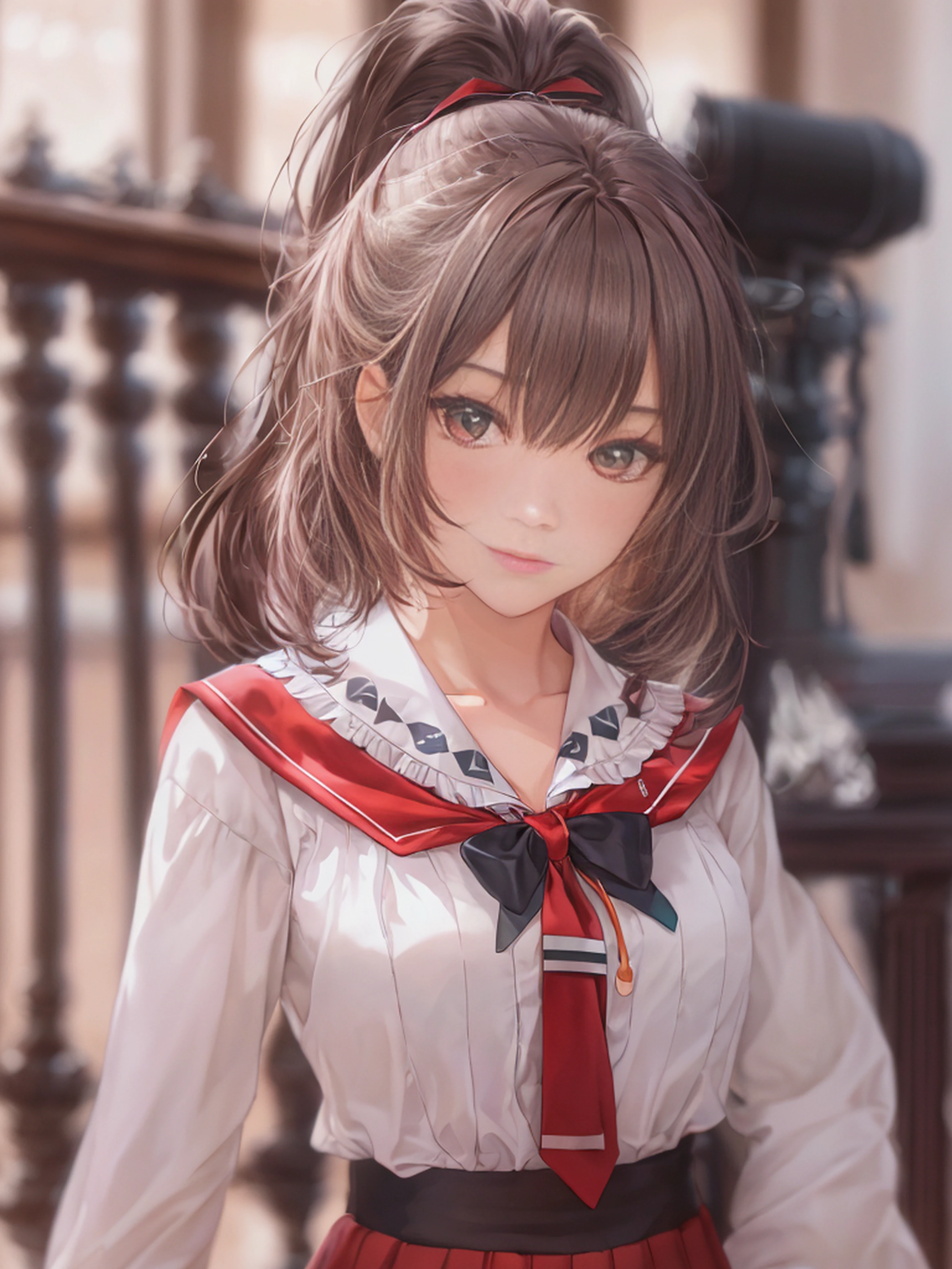 Full body portrait of a stunningly beautiful student girl without make-up, 17 years old, school uniform, white v-neck blouse with lace and neckline, red short skirt with pleats and butterfly patterns, black knee-high stockings with diamond patterns, red bow, extremely detailed light hazel eyes, detailed symmetric realistic face, extremely detailed natural skin texture, peach fuzz, messy hair, masterpiece, absurdres, nikon d850 film stock photograph, kodak portra 400 camera f1.6 lens, extremely detailed, amazing, fine detail, rich colors, hyper realistic lifelike texture, dramatic lighting, cinestill 800 tungsten, raw photo, high quality, highres, sharp focus, extremely detailed, cinematic lighting, 8k uhd