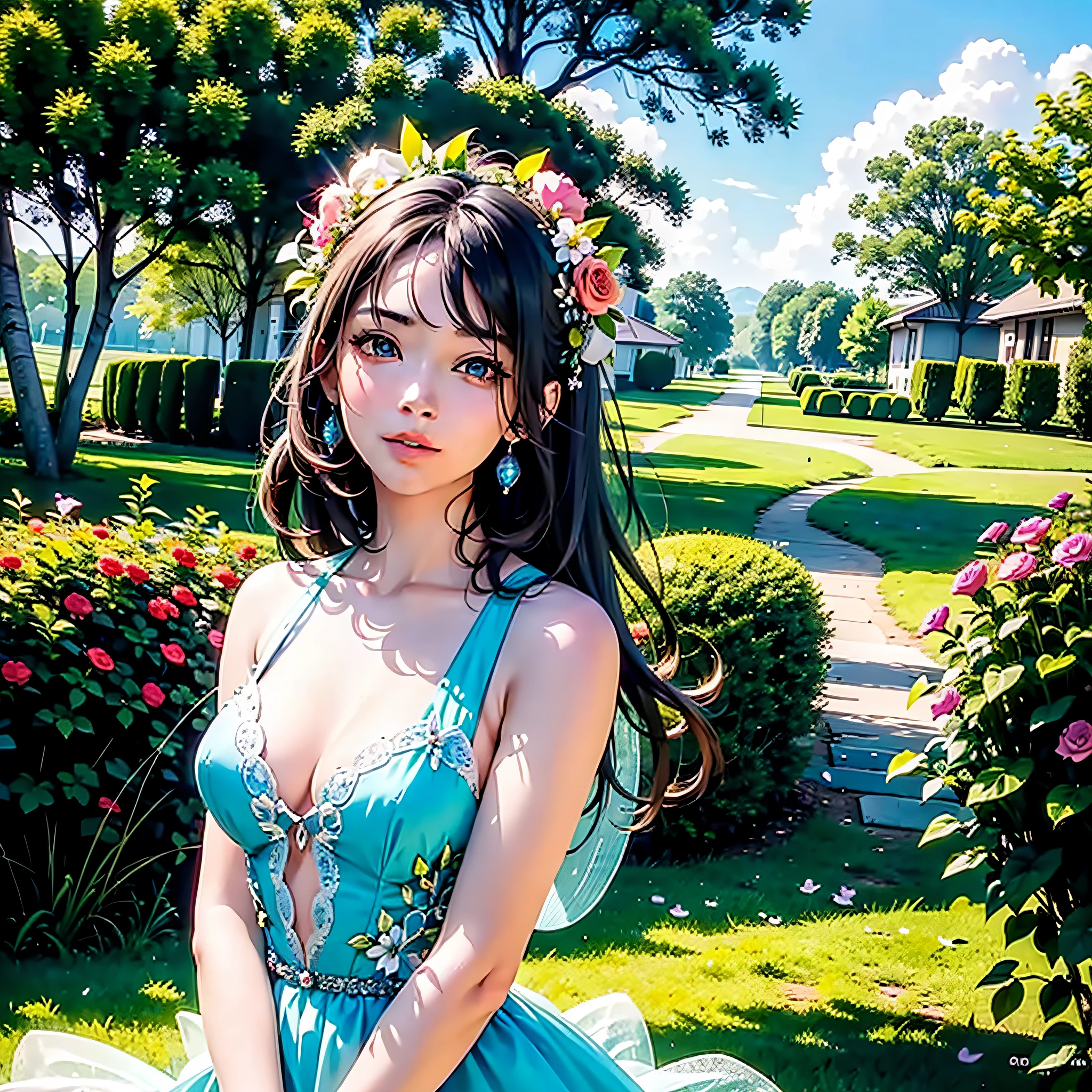 Flower Fairy, beautiful, best quality, masterpiece, ultra-detailed face, beautiful eyes, flying, sunshine, green forest, one thousand flowers, best quality, masterpiece, ultra-high quality, best solutions,