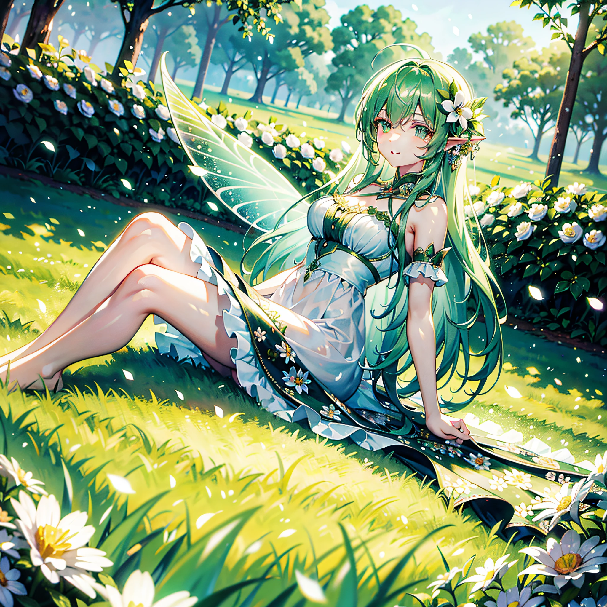 Flower Fairy, beautiful, best quality, masterpiece, ultra-detailed face, beautiful eyes, flying, sunshine, green forest, one thousand flowers, best quality, masterpiece, ultra-high quality, best solutions,