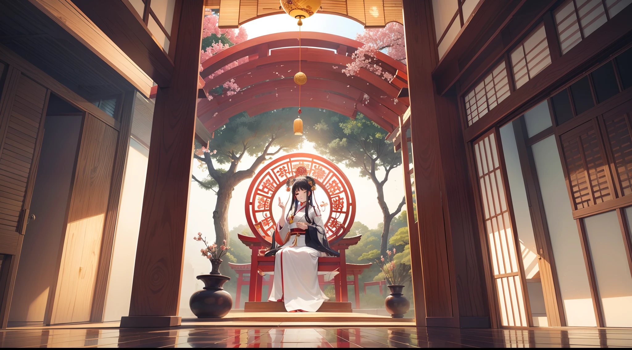 "Visualize a captivating wallpaper adorned with a meticulously crafted pattern of iconic Japanese symbols, each layer contributing to a rich and harmonious tapestry.
Cherry blossoms, delicate and ephemeral, flutter across the canvas, evoking the beauty and transience of life. The torii gate, a sacred portal, stands tall, symbolizing the boundary between the spiritual and physical worlds.
Elegant kanji characters weave into the design, each character holding profound meaning. '和' (wa) represents harmony and unity, '勇' (yuu) embodies courage, and '平和' (heiwa) signifies peace.
Beneath a serene moonlit sky, a red sun disc or '日' (hi) radiates, representing hope and new beginnings. Bamboo stalks stand strong and flexible, symbolizing resilience and adaptability.
A tranquil pond mirrors the surroundings, its surface adorned with a water lily or '蓮' (hasu), signifying purity and enlightenment. Koi fish swim amidst lotus flowers, embodying transformation and perseverance.
Golden cranes take flight, their wings symbolizing longevity and good fortune. The tranquil sound of a temple bell or '鐘' (kane) resonates, bringing mindfulness and inner peace.
The color palette seamlessly blends soothing blues, soft pinks, and earthy greens, invoking a sense of calm and connection to nature. This wallpaper pattern is an intricate mosaic of Japanese symbolism, inviting you to explore the layers of culture, wisdom, and beauty they hold."