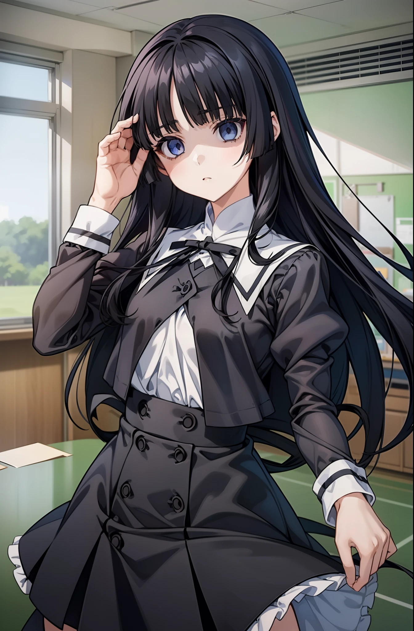 solo, (((anime girl with straight black hair))), (((straight hair))), ((hair covering eyes)), ((flat bangs)), (blank blue eyes), (((neutral face))), ((blank facial expression)), (((flat chest))), school uniform, skirt, shadows over eyes, ((classroom in background)), ((high quality)), (extremely detailed)