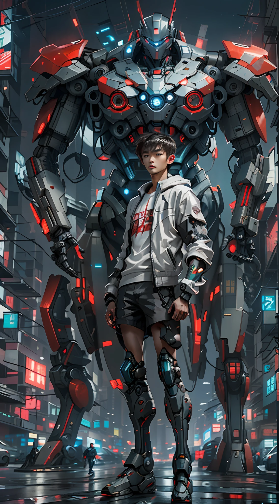 red head in real short sleeves stands next to a giant robot, Boy in mech cyber armor, Cyberpunk anime mech, Male mech, cgsociety and fenghua zhong, anime mecha aesthetic, mechanization, Handsome white boy cyborg, cyberpunk, green military camo, dynamic scene, 2 0 y. gal , mecha asthetic, Robot boy
Boy in shorts and jacket standing next to giant robot, Guweiz style artwork, CyberPunk mech, Trends on CGSTATION, Guweiz, Russell Dongjun Lu, digital cyberpunk anime art, Ross Tran 8 K, Guweiz on ArtStation Pixiv, boy in mecha network armor