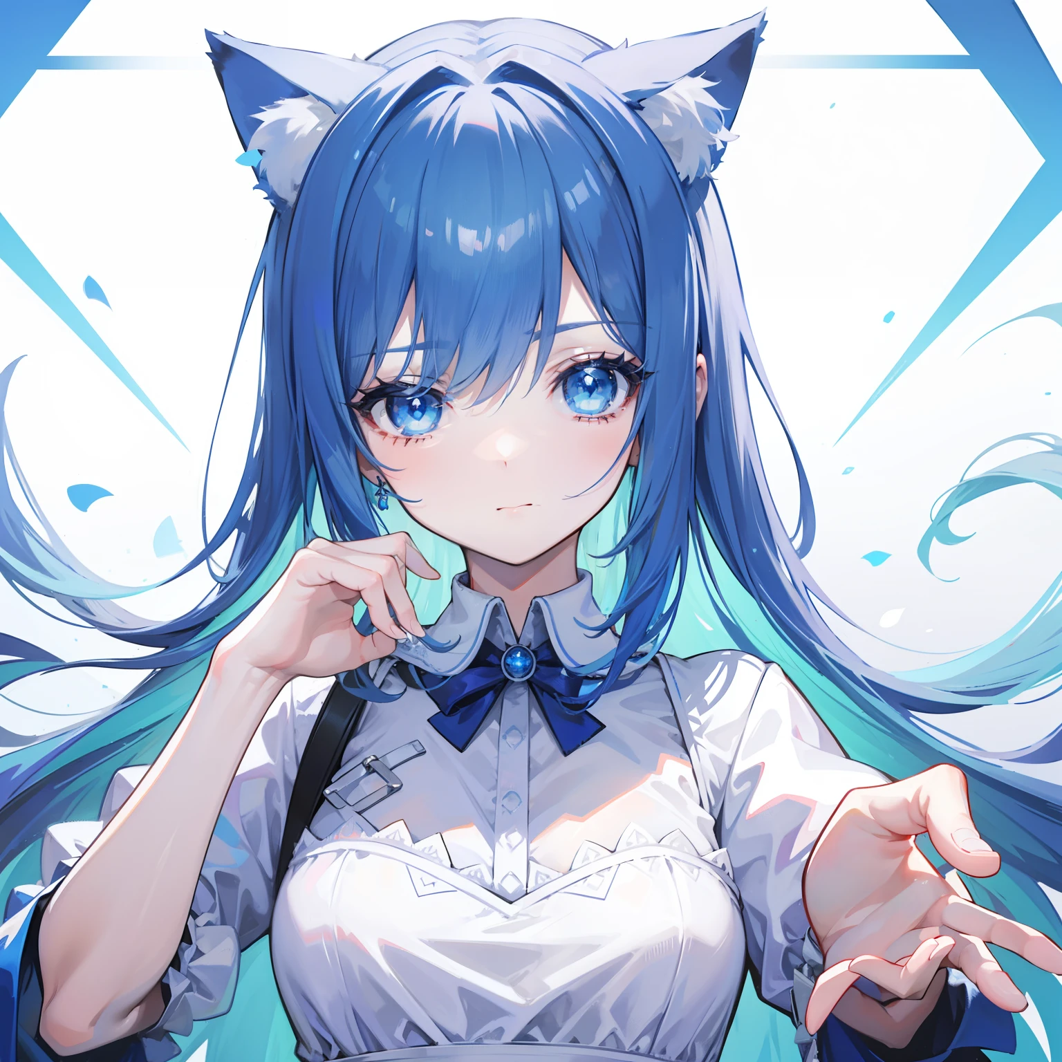 Detector feminization，whaite hair，blue color eyes，white dresses，Cat ears Hand detail optimization