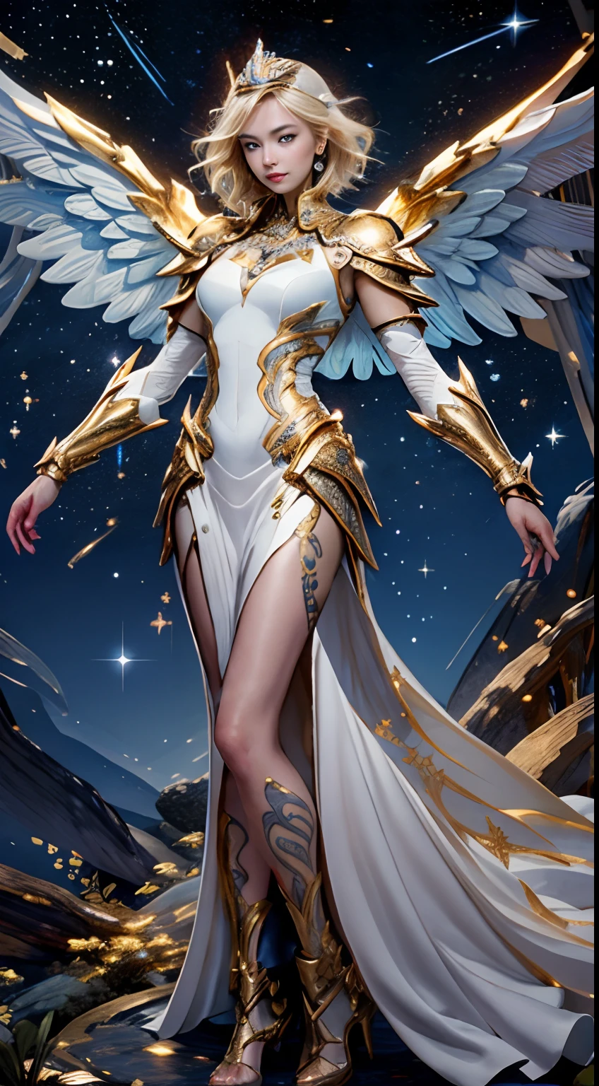 Angel woman 30 years thin, full body wearing long white with mages details in yellow gold +++ , fearless,, wings, sky, bow, clouds, pigeon, ultra details +++, milky way, universe, ultra realist, stunning details, gold, richness in detail, ultra detailed background musical lyrics