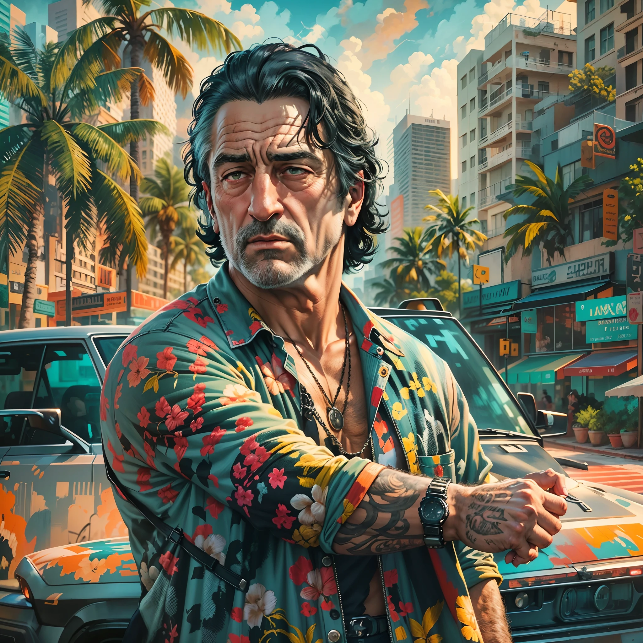 A painting of a man Robert De Niro ( with black hair), gangster pose and look, Miami City background, street perfect Art, Art, Intricate Digital Painting, original Artwork, Illustration, guns in the background digital art, masterpiece Illustration, Beautiful 4K Art, Vibrant Digital Painting , Stunning digital illustration, Intricate masterpiece, A beautiful artwork illustration, Beautiful color art!