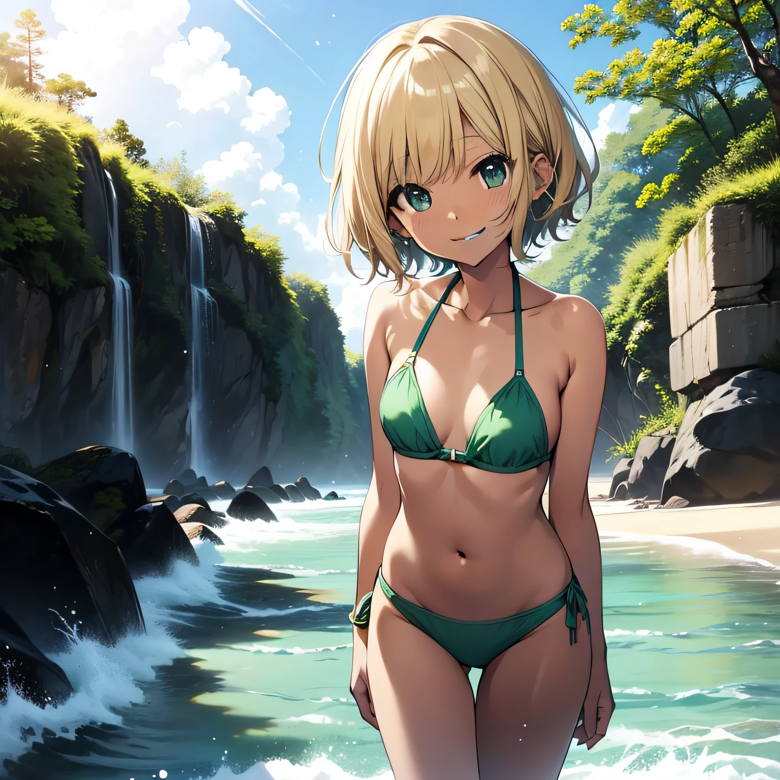 top-quality、extremely delicate and beautiful、 girls、5th grade element、mesugaki、A smile、a blond、Brown skin、The background is the sea、is standing、short-hair