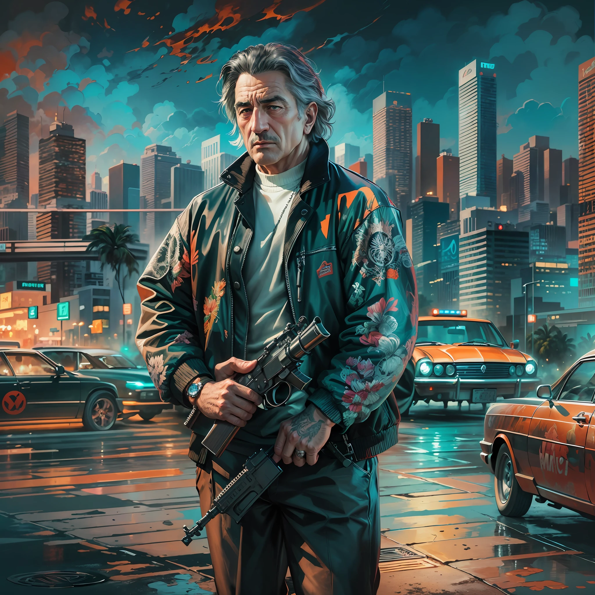 A painting of a man Robert De Niro ( with black hair), gangster pose and look, Miami City background, street perfect Art, Art, Intricate Digital Painting, original Artwork, Illustration, guns in the background digital art, masterpiece Illustration, Beautiful 4K Art, Vibrant Digital Painting , Stunning digital illustration, Intricate masterpiece, A beautiful artwork illustration, Beautiful color art!