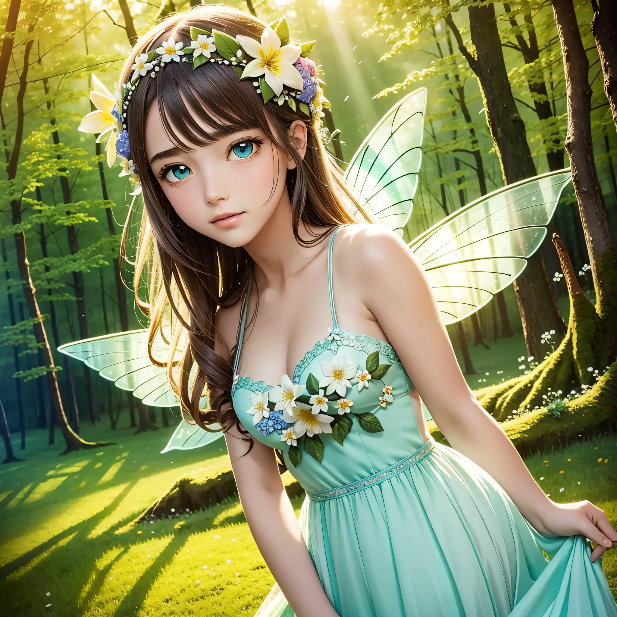 Flower Fairy, beautiful, best quality, masterpiece, ultra-detailed face, beautiful eyes, flying, sunshine, green forest, one thousand flowers, best quality, masterpiece, ultra-high quality, best solutions,
