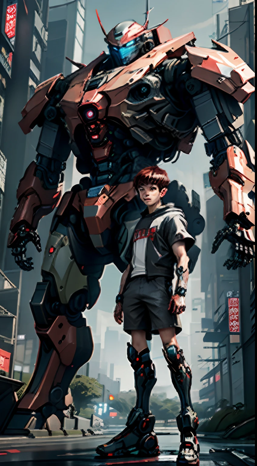 red head in real short sleeves stands next to a giant robot, Boy in mech cyber armor, Cyberpunk anime mech, Male mech, cgsociety and fenghua zhong, anime mecha aesthetic, mechanization, Handsome white boy cyborg, cyberpunk, green military camo, dynamic scene, 2 0 y. gal , mecha asthetic, Robot boy
Boy in shorts and jacket standing next to giant robot, Guweiz style artwork, CyberPunk mech, Trends on CGSTATION, Guweiz, Russell Dongjun Lu, digital cyberpunk anime art, Ross Tran 8 K, Guweiz on ArtStation Pixiv, boy in mecha network armor