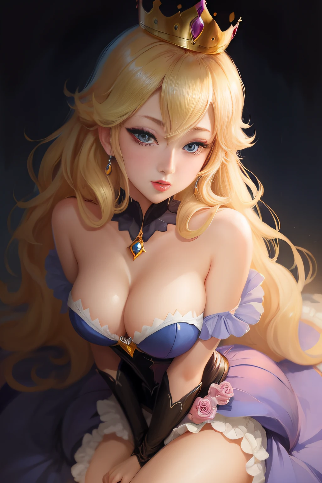 princess peach, blue eyes, sexy dress, classy, black background, slick, cleavage, crown, laced bra, blonde, alluring, seductive, (2d cute anime:1.3), Vixip, pastel background, design by Yusuke Kozaki, oil by Gregory Manchess; stunningly alluring, teasing, beautiful, Hand drawing illustration. highly detailed. Cinematic lighting. By sumic.mic