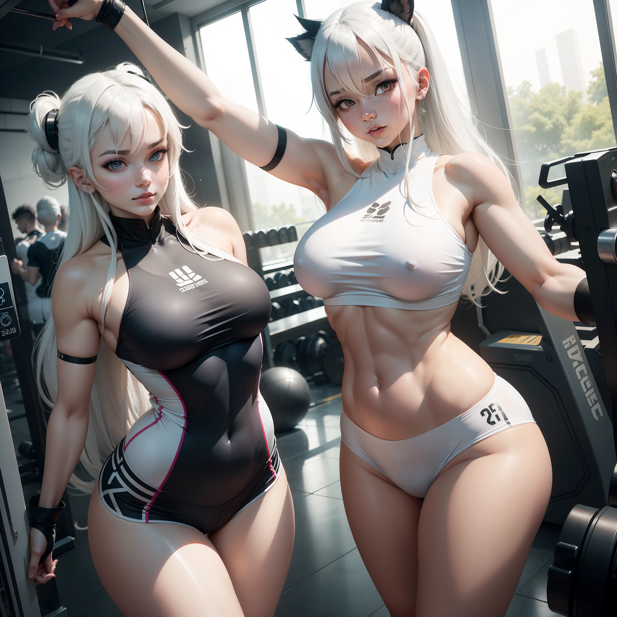 sexy woman, perfect white haired girl, anime girl cosplay, trending on cgstation, selfie in gym, horny, hot, fitnes body