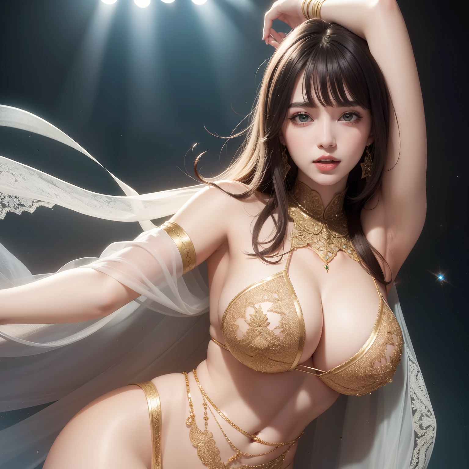super high image, super detail, super high resolution, intelligent beauty, sexy, red alluring moist thick lips, ecstatic expression, amorous expression, seductive look, white glossy flowing layered messy wavy short hair, emerald green sparkling sharp eyes, orgasm, huge breasts, under boob, side boob, great proportion, perfect proportion, slender, full body, armpit, gray and gold sheer lace belly dance costume, background fantasy, magic circle, kaleidoscope