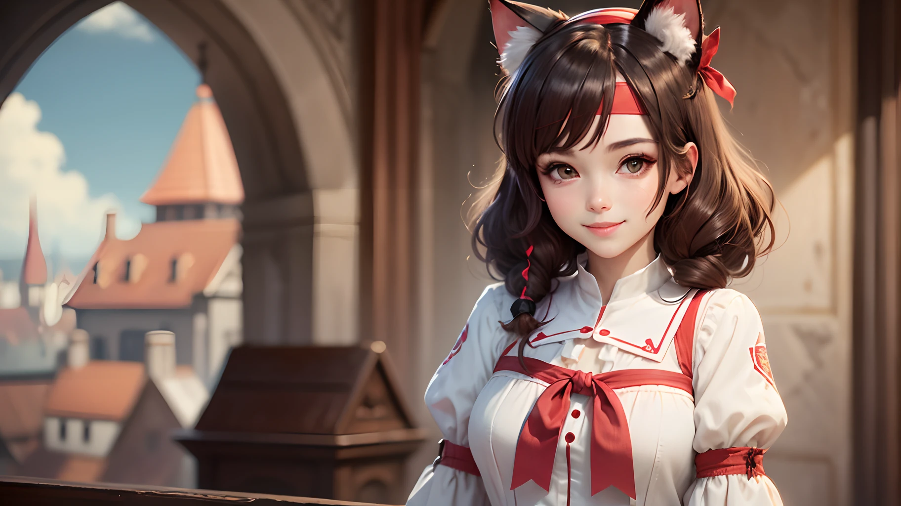 female character, cat ears, pigtail hair, dark brown hair, (((red headband))), classic pink and white clerical outfit, sweet smile, thin, d&d style --auto --s2