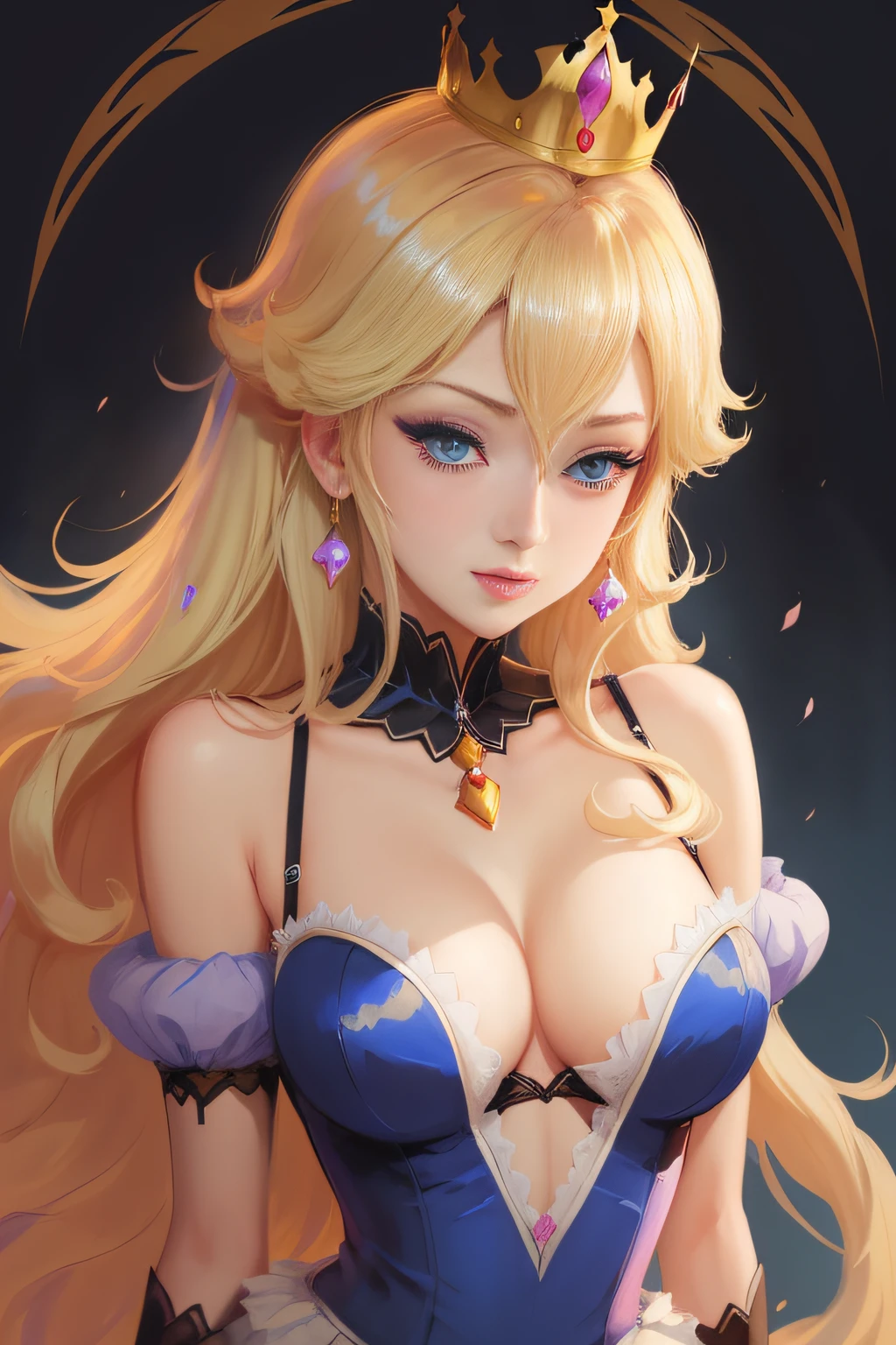 princess peach, blue eyes, sexy dress, classy, black background, slick, cleavage, crown, laced bra, blonde, alluring, seductive, (2d cute anime:1.3), Vixip, pastel background, design by Yusuke Kozaki, oil by Gregory Manchess; stunningly alluring, teasing, beautiful, Hand drawing illustration. highly detailed. Cinematic lighting. By sumic.mic
